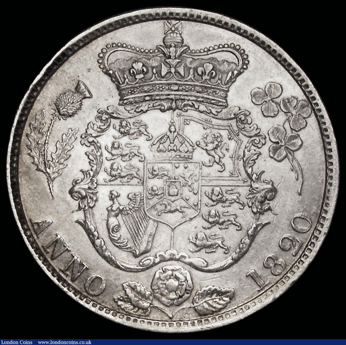 London Coins : A192 : Lot 1185 : Halfcrown 1820 George IV ESC 628, Bull 2357 EF the obverse with some contact marks and hairlines