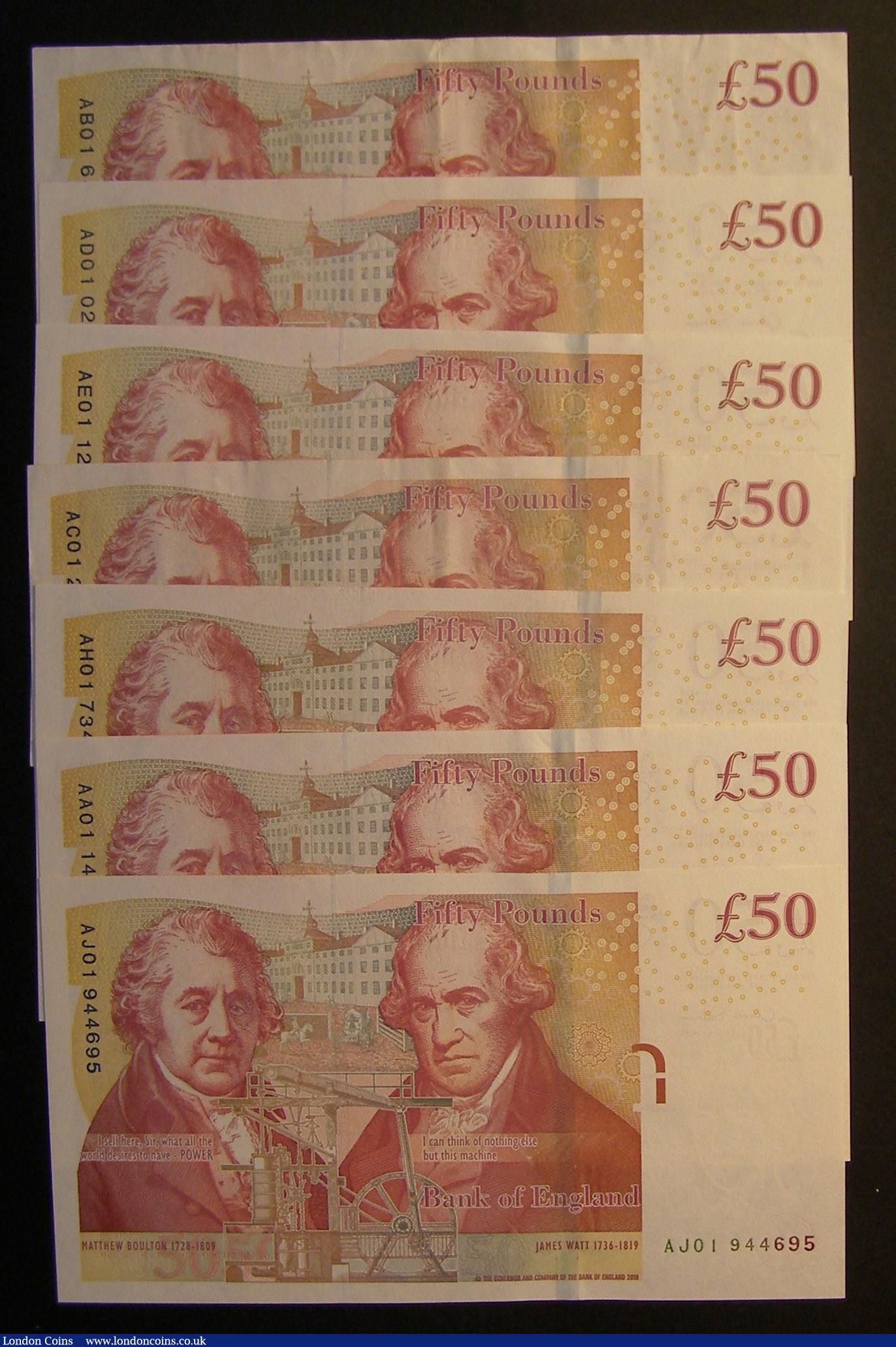 London Coins : A192 : Lot 120 : Fifty Pounds Salmon, Boulton and Watt 2011 B410 (7) a collection of --01 prefixes AA01 FIRST RUN AA0...