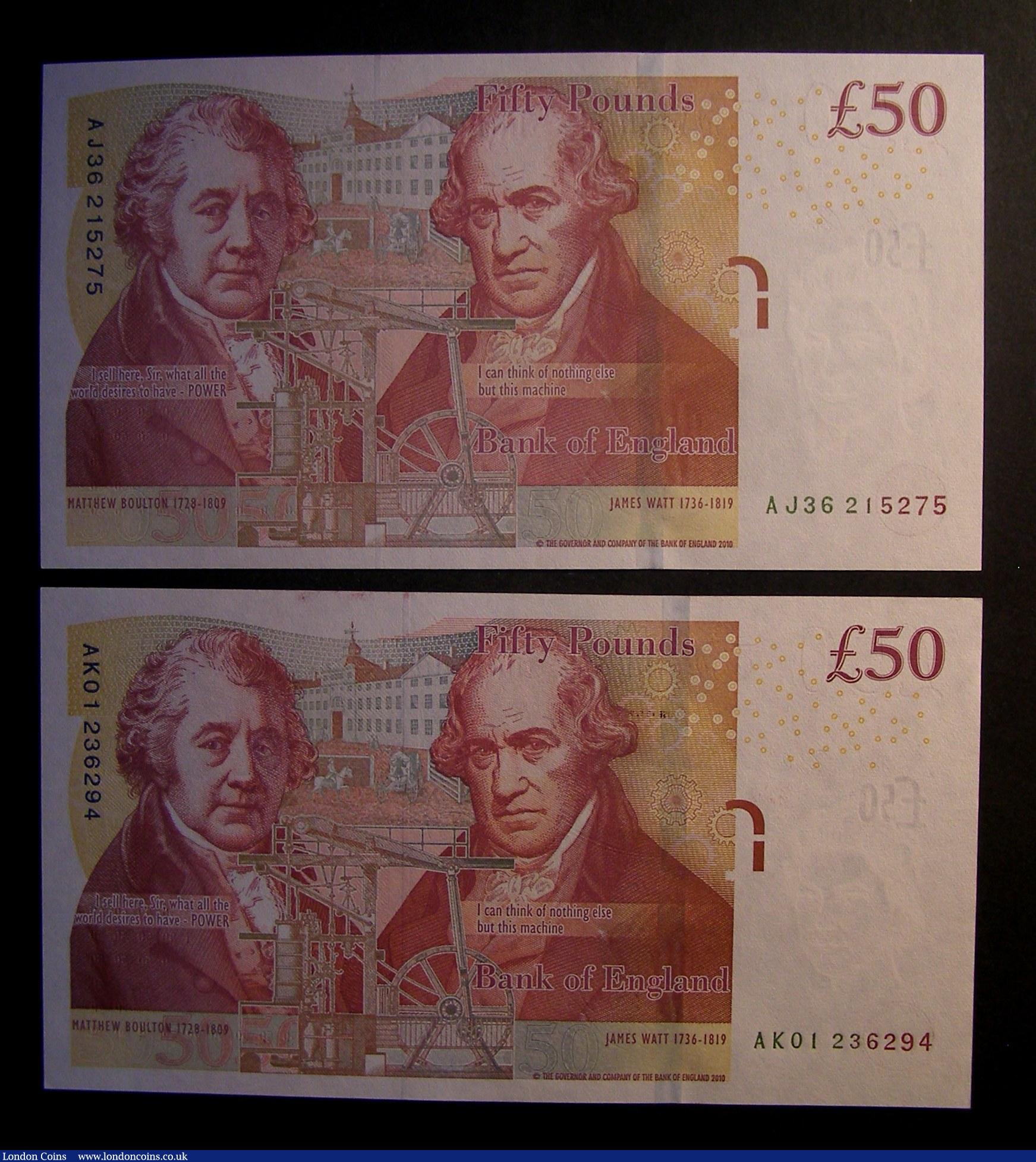 London Coins : A192 : Lot 121 : Fifty Pounds Cleland 2015 Matthew Bolton & James Watt on reverse B413 (2), very first run AJ36 2...