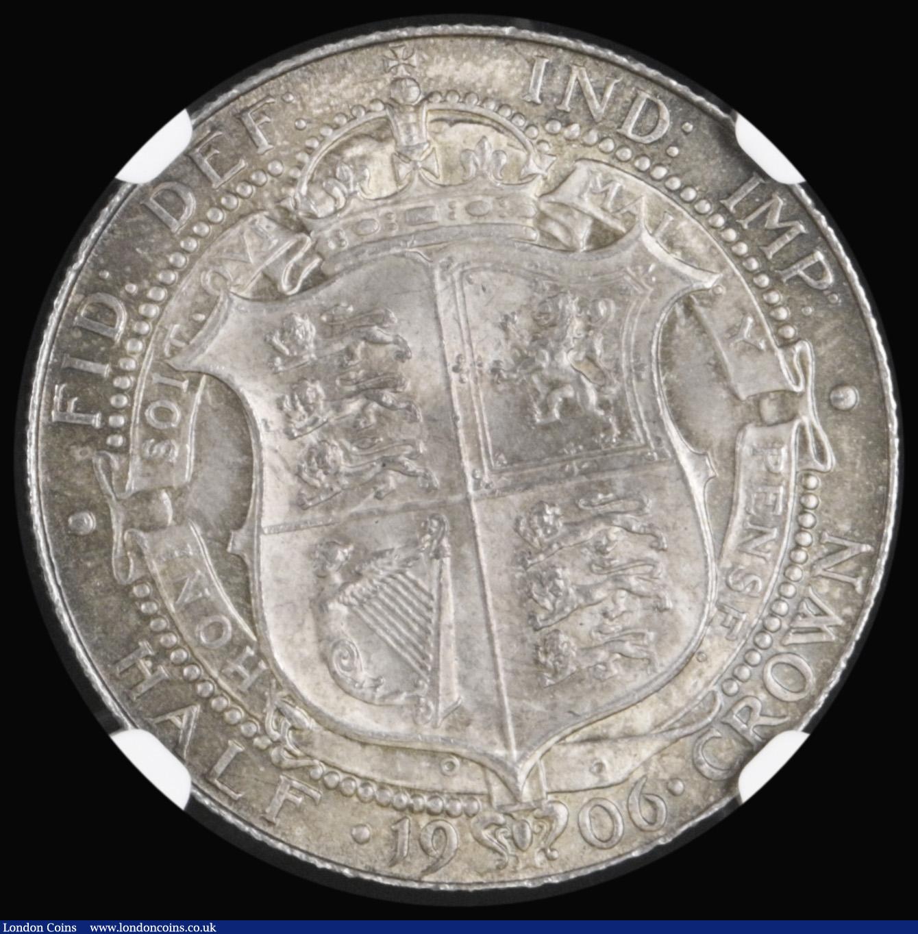 London Coins : A192 : Lot 1235 : Halfcrown 1906 ESC 751, Bull 3572 UNC and lustrous with gold and olive toning, a most attractive exa...