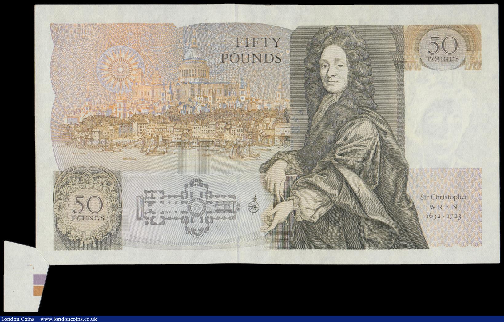London Coins : A192 : Lot 124 : ERROR - Fifty Pounds Gill B356   issued 1988 Sir Christopher Wren reverse Fishtail ERROR with a fish...