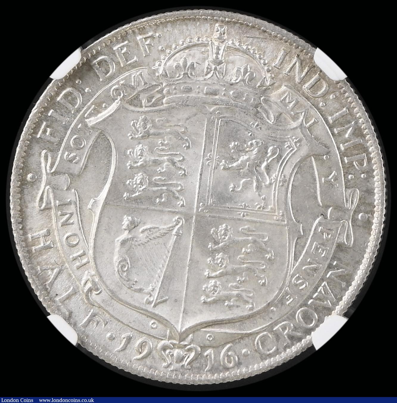 London Coins : A192 : Lot 1241 : Halfcrown 1916 ESC 763, Bull 3715 UNC with a light peripheral tone over mint brilliance and graded M...