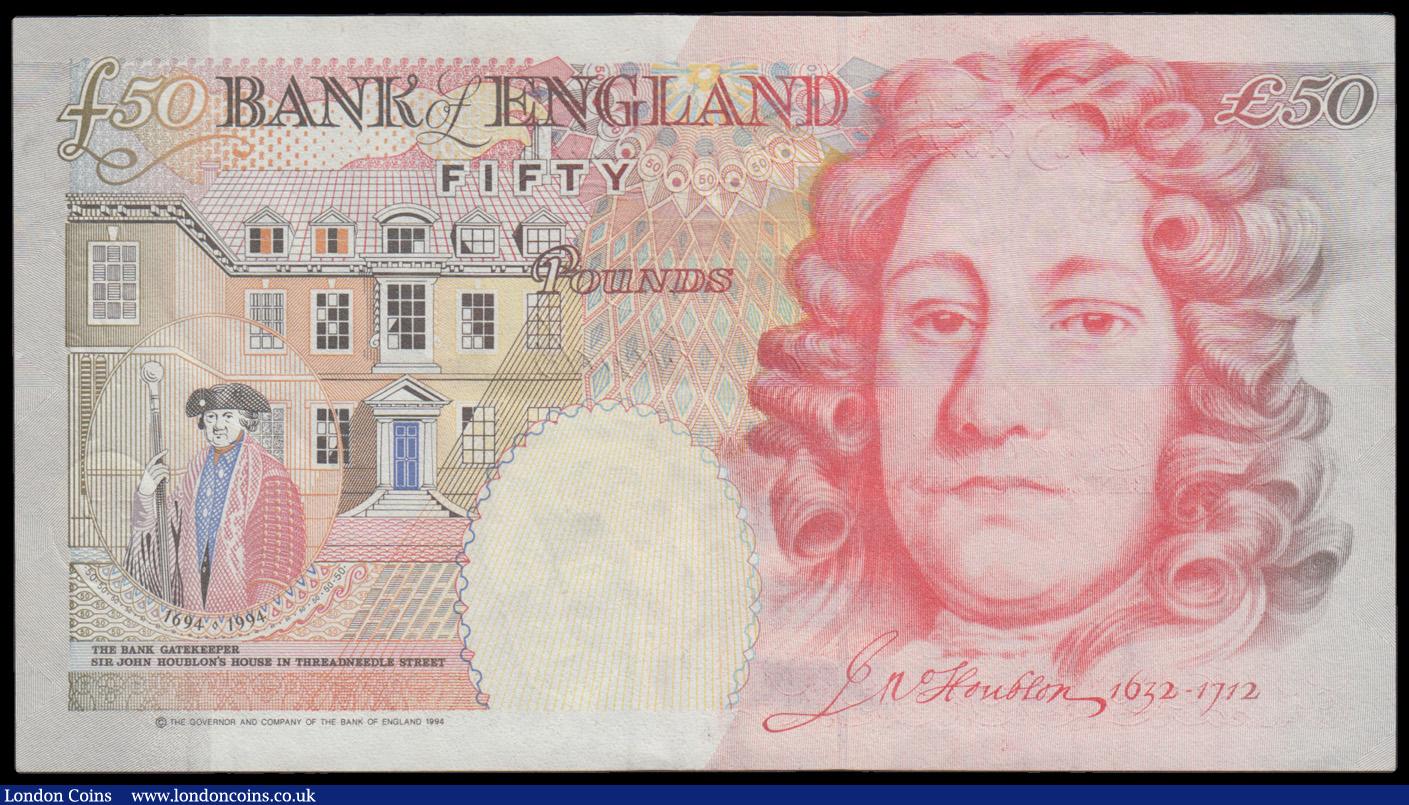 London Coins : A192 : Lot 125 : ERROR - Fifty Pounds Kentfield QE2 and Sir John Houblon Silver Foil Tudor Rose B377 missing print ER...