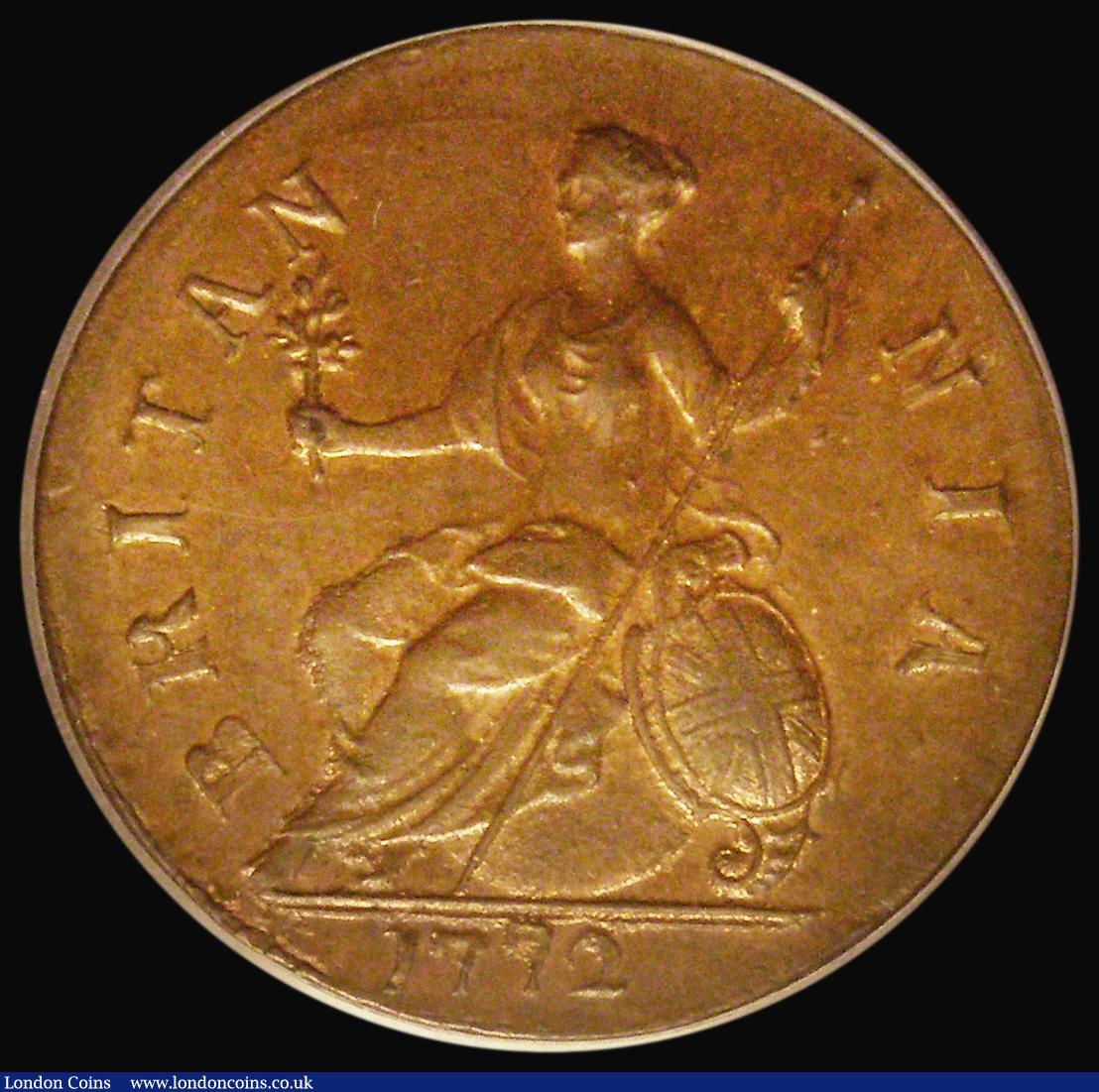 London Coins : A192 : Lot 1262 : Halfpenny 1772 Reverse A Peck 899 CGS UNC 80