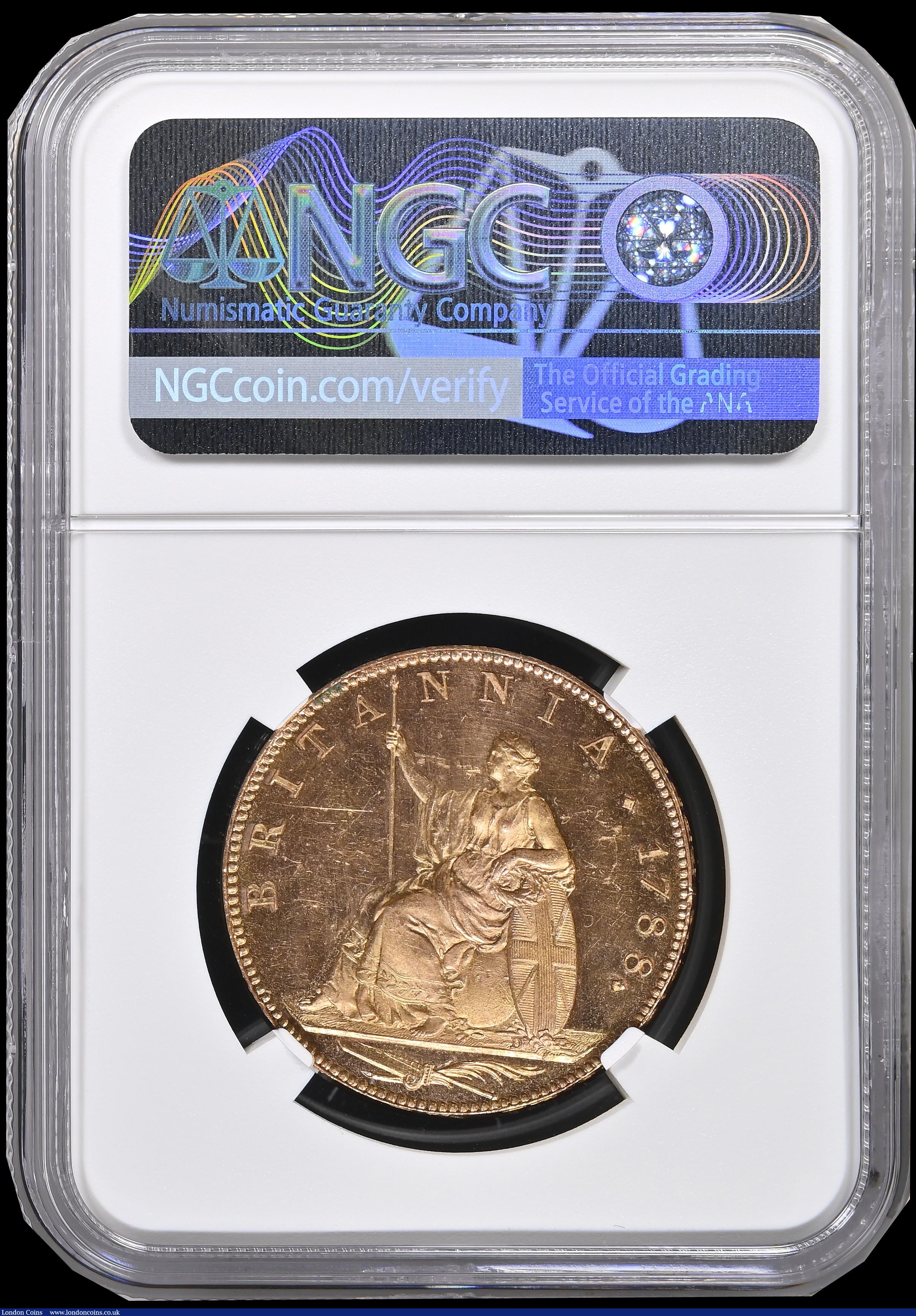 London Coins : A192 : Lot 1263 : Halfpenny 1788 Pattern by Droz in Brown Gilt Peck 966 NGC P63 + CAMEO and a very eye catching piece ...