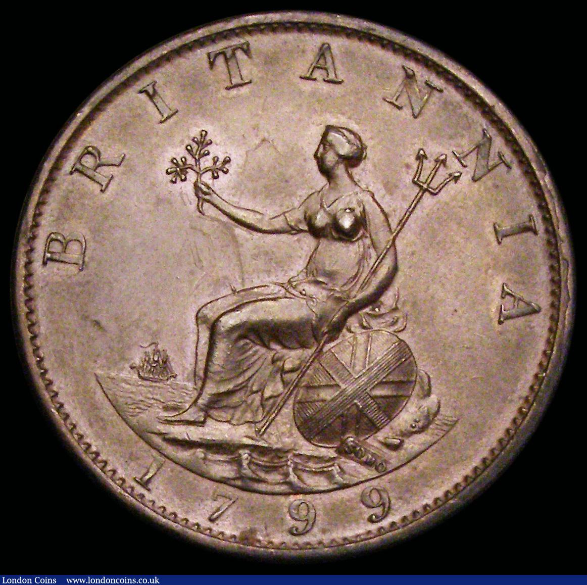 London Coins : A192 : Lot 1265 : Halfpenny 1799 5 Incuse gunports Peck 1248 EF