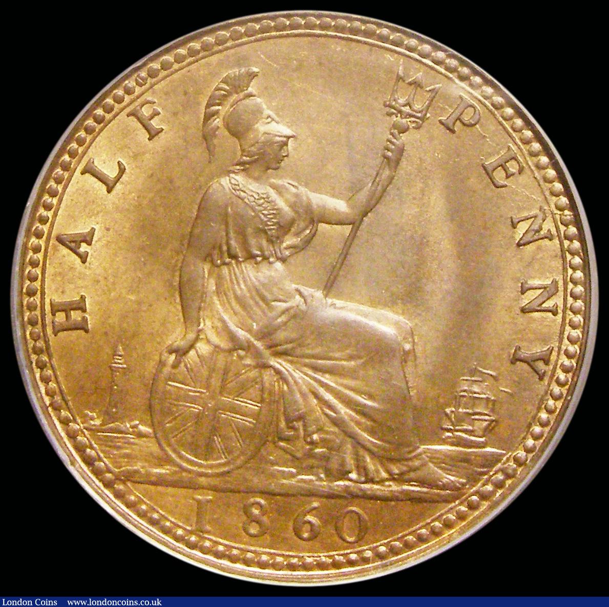 London Coins : A192 : Lot 1275 : Halfpenny 1860 Beaded Border Freeman 258 Unc with lustre and graded CGS 82