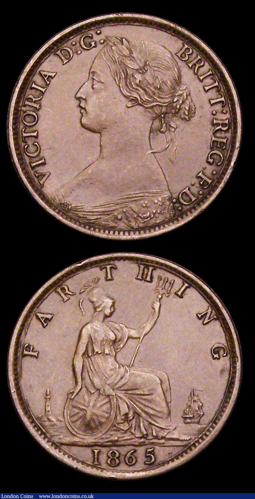 London Coins : A192 : Lot 1280 : Halfpenny 1877 Freeman 332 dies 14+J EF and Farthing 1865 5 over 2 Freeman 513 nEF