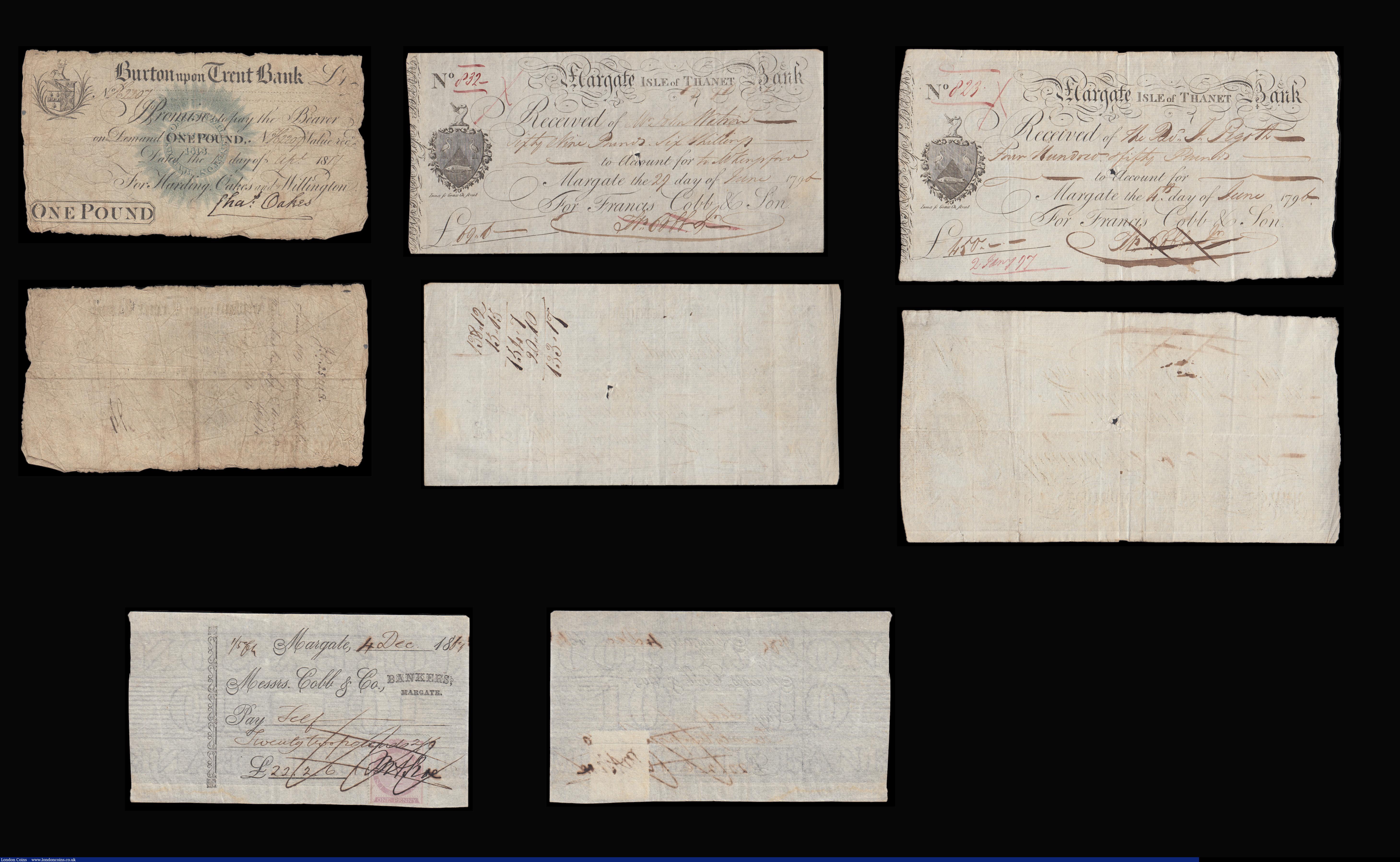 London Coins : A192 : Lot 131 : Burton upon Trent Bank &pound;1 dated 1817 for Harding, Oakes & Willington, Outing 373a, Grant 5...