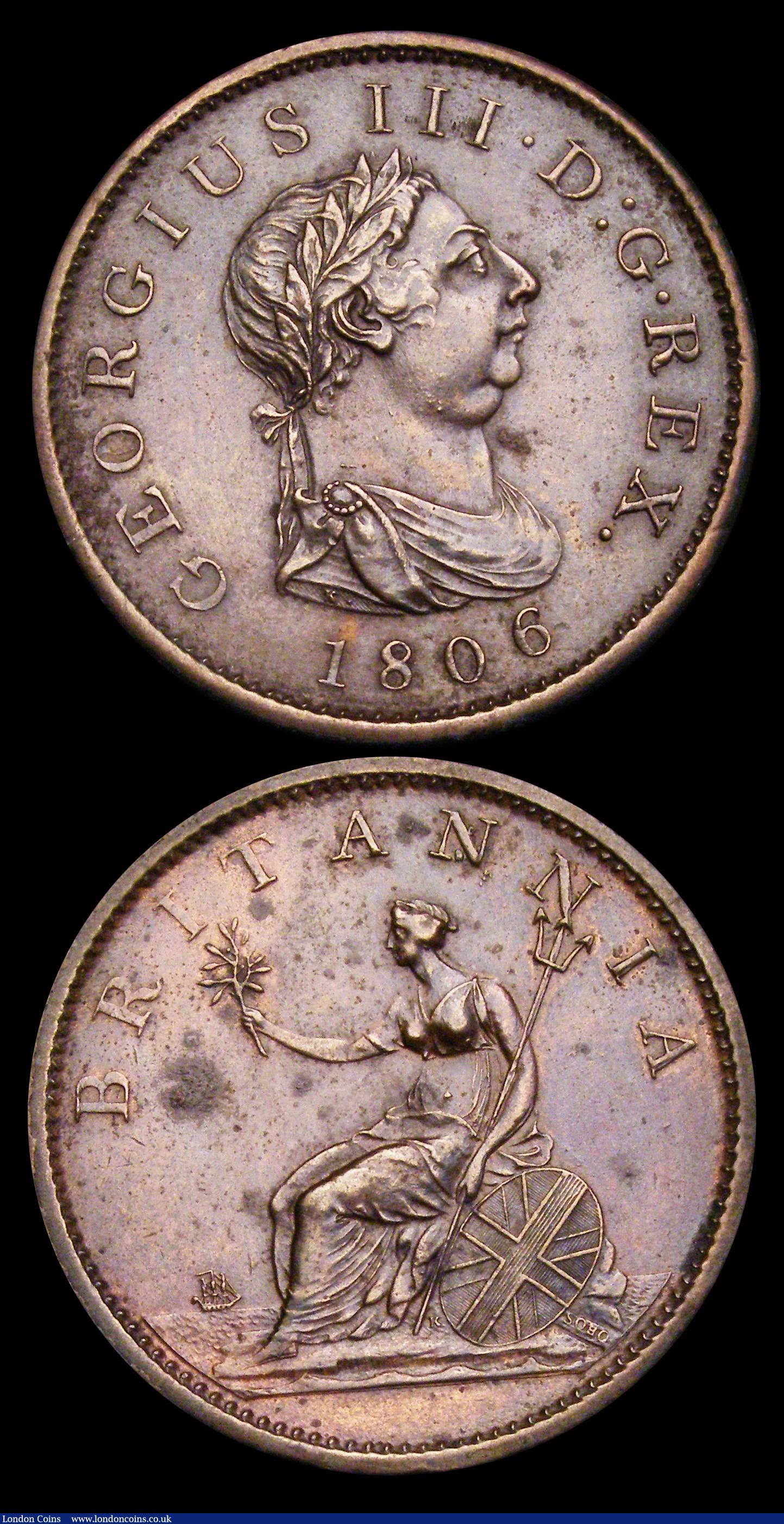 London Coins : A192 : Lot 1336 : Penny 1806 Peck 1343 No Incuse Curl EF with a few small areas of black staining, Halfpenny 1831 nEF