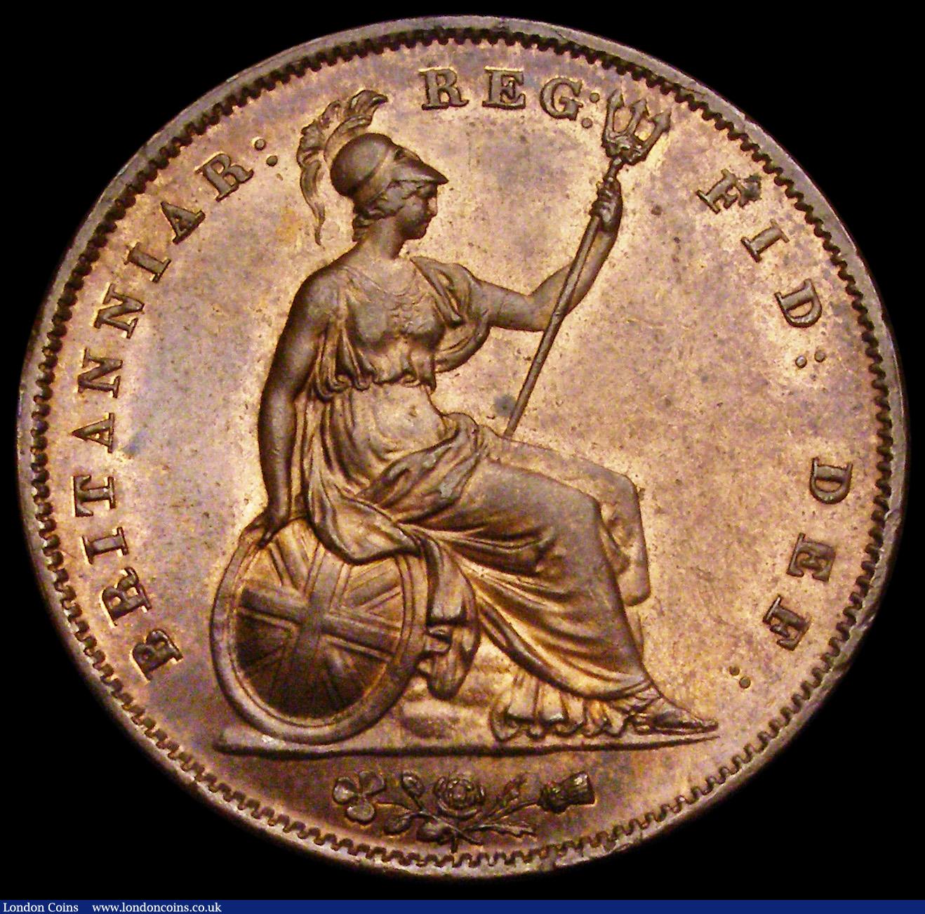 London Coins : A192 : Lot 1361 : Penny 1845 Peck 1489 Unc with a fair degree of lustre rare thus and with an area of dark toning belo...