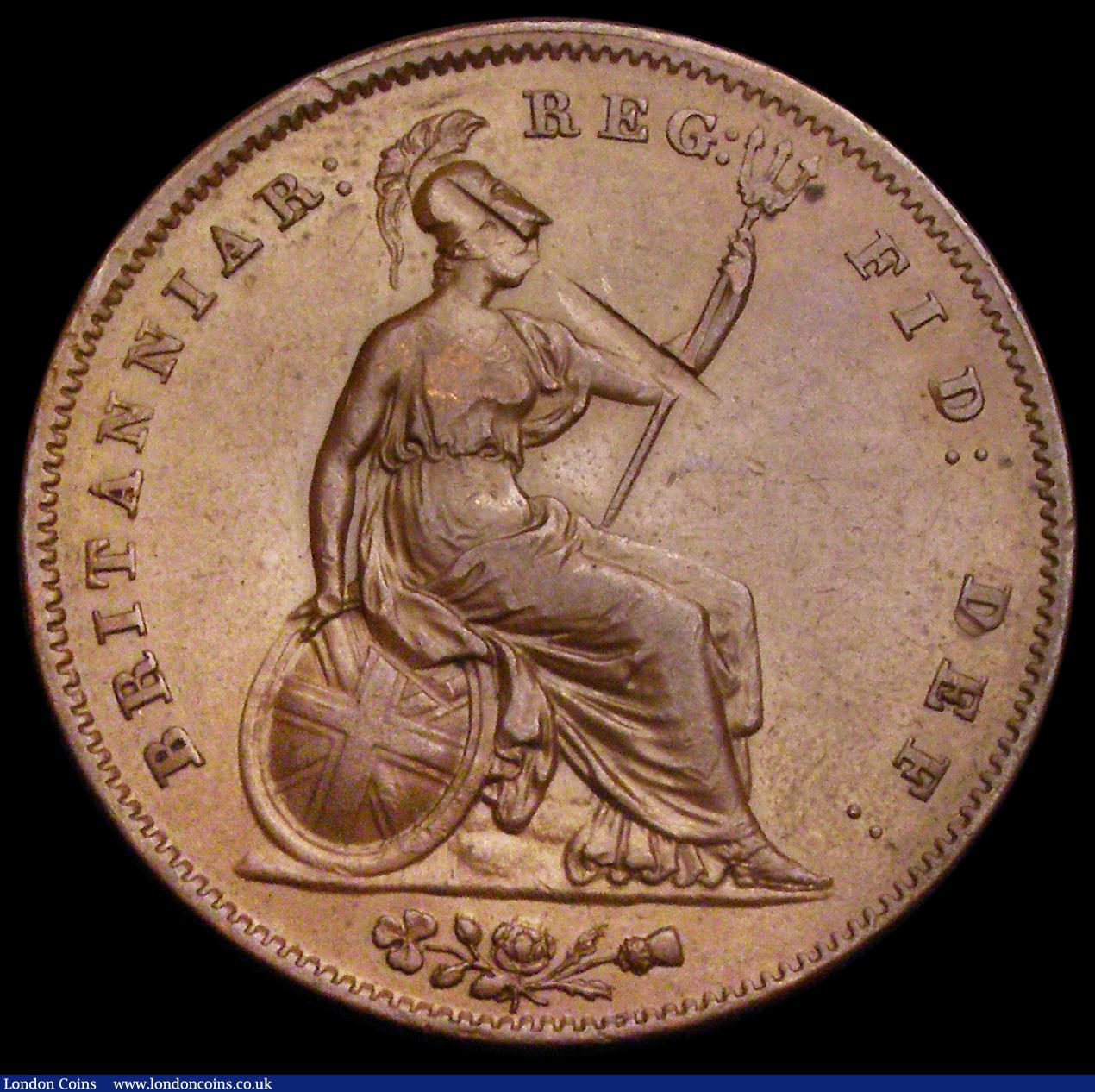 London Coins : A192 : Lot 1368 : Penny 1849 Peck 1497 NEF/GVF and with a striking fault across the top of Britannia, the key dates in...