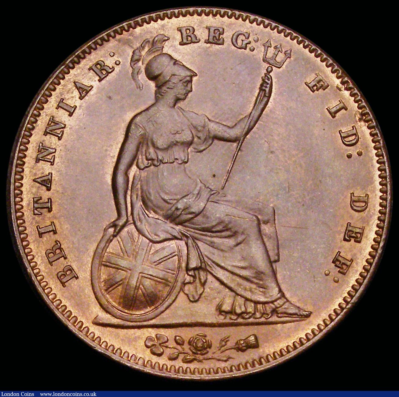 London Coins : A192 : Lot 1378 : Penny 1854 Plain Trident Peck 1506 Unc with considerable lustre, one thin scratch reverse otherwise ...