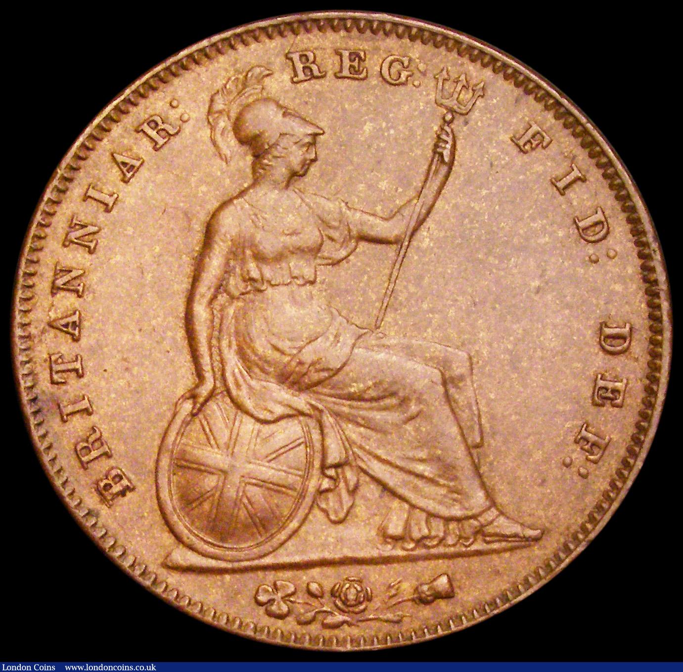 London Coins : A192 : Lot 1382 : Penny 1856 Plain Trident Peck 1510 AU and a key date but once lightly cleaned or dipped in olive oil...