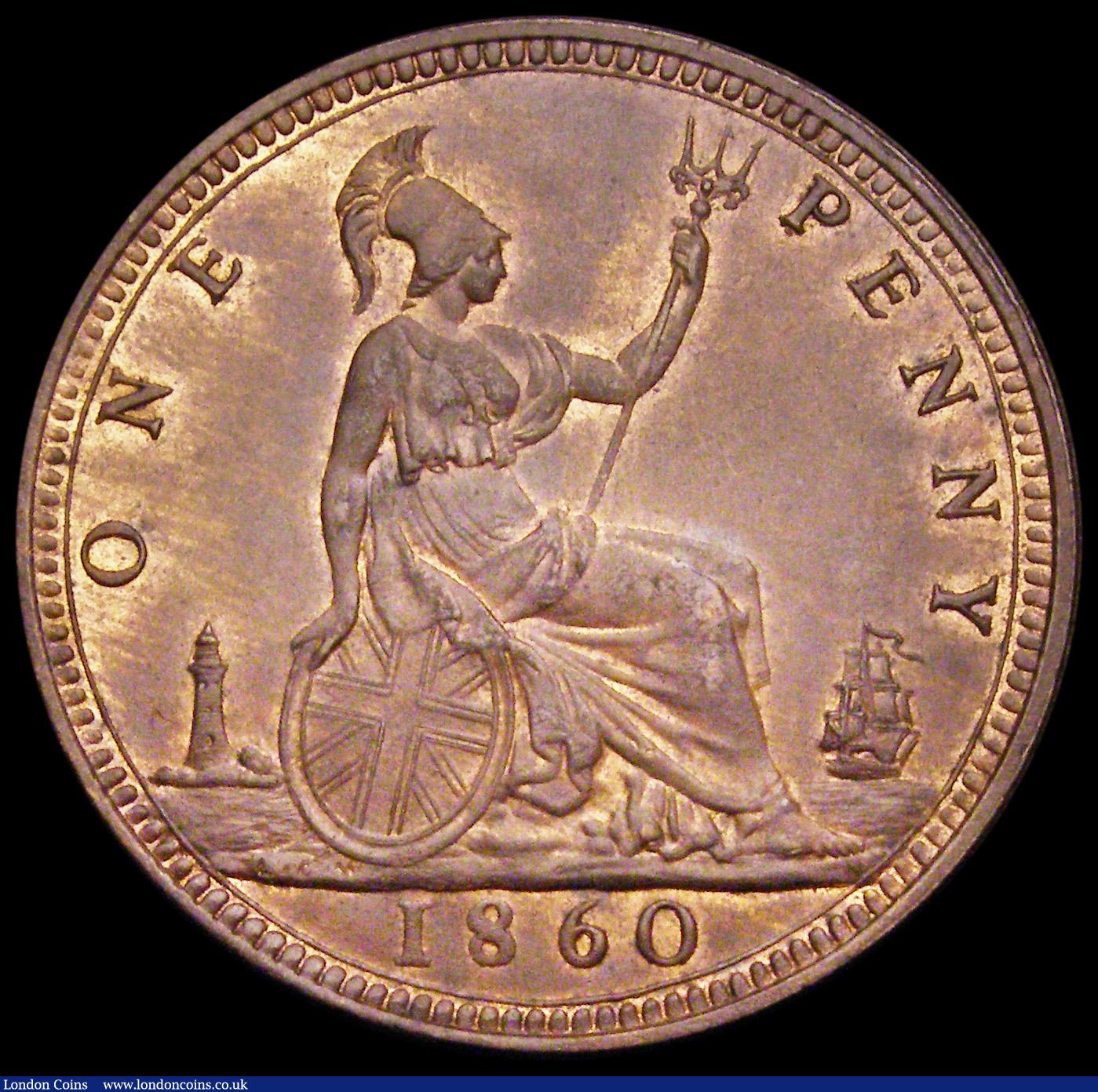London Coins : A192 : Lot 1401 : Penny 1860 Freeman 15 dies 4+D with central cut to the ribbon fishtail and crimp to the outer ribbon...