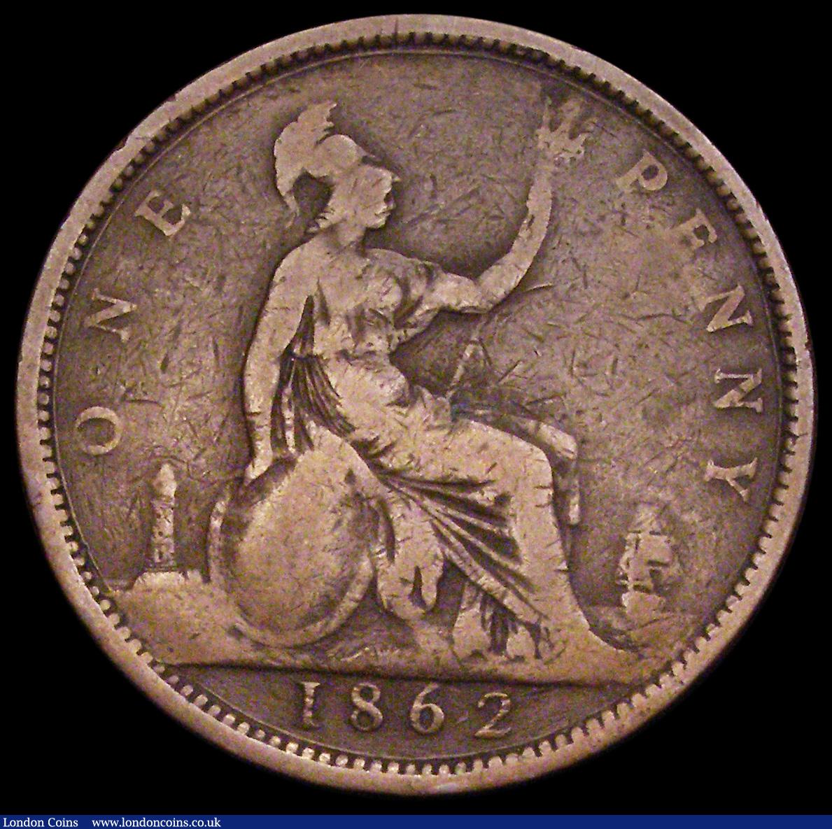 London Coins : A192 : Lot 1404 : Penny 1862 Freeman 38 dies 2+G, rated R18 by Freeman, approaching Fine
