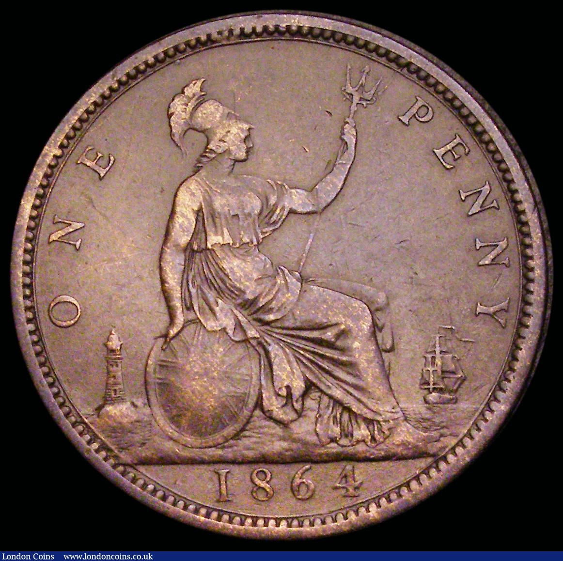 London Coins : A192 : Lot 1409 : Penny 1864 Plain 4 Freeman 49 dies 6+G VF hard to find in grades above Fine