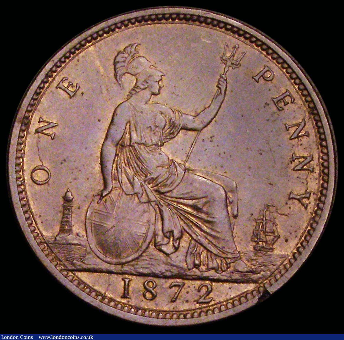 London Coins : A192 : Lot 1413 : Penny 1872 Freeman 62 dies 6+G A/UNC with some small toning spots reverse