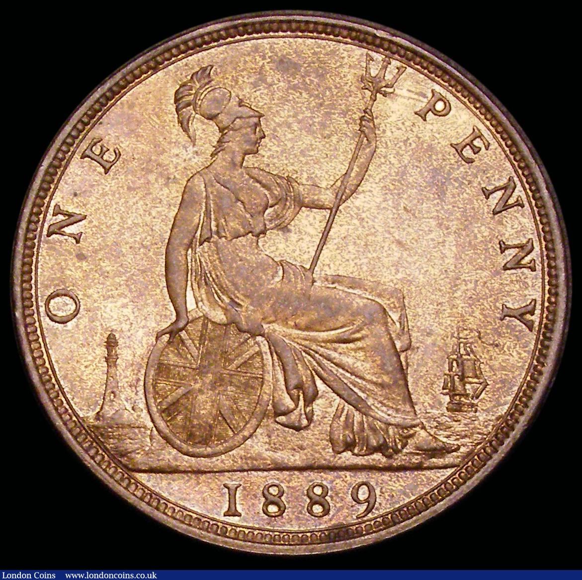 London Coins : A192 : Lot 1439 : Penny 1889 14 Leaves Freeman 128 dies 13+N Sharp UNC with considerable underlying lustre the reverse...