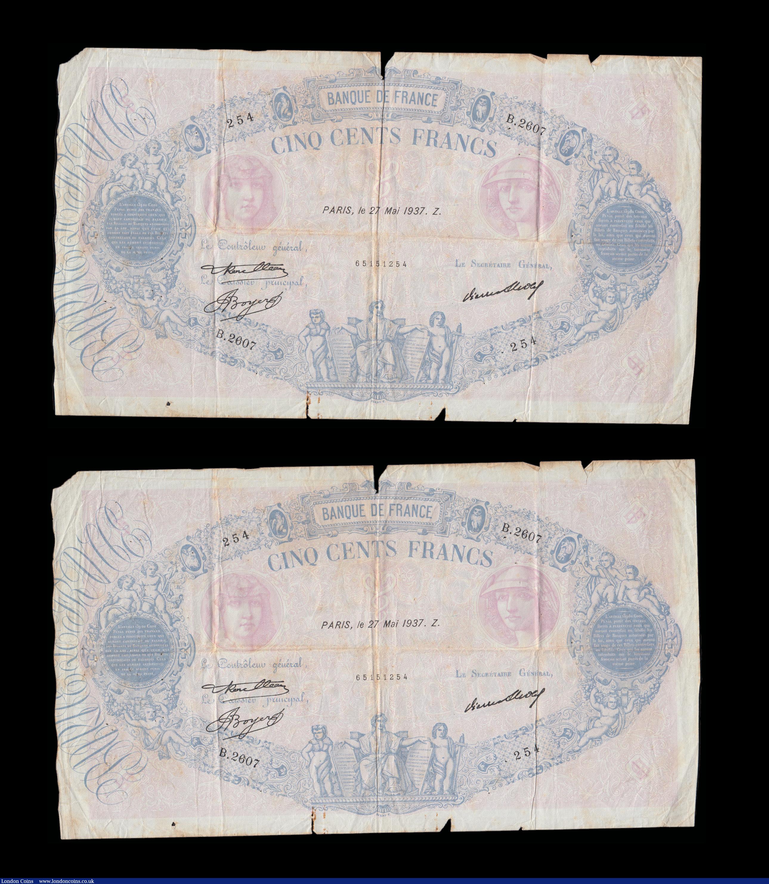 London Coins : A192 : Lot 146 : France (5) 500 Francs 27.5.1937 VG, 100 Francs 17.6.1914 VG and 22.9.1932 Fine with pinholes,  50 Fr...