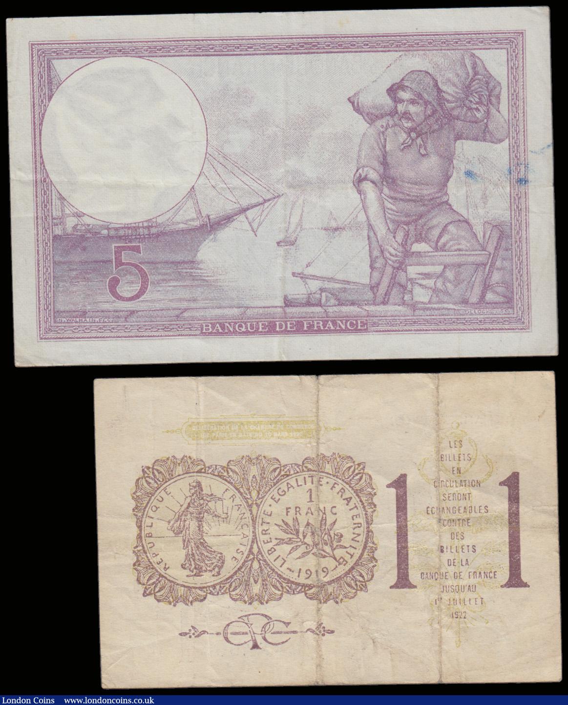 London Coins : A192 : Lot 149 : France 5 Francs 19.10.1918 Laferriere and Picard Pick 72a VF with two ink smudges reverse and Chambe...