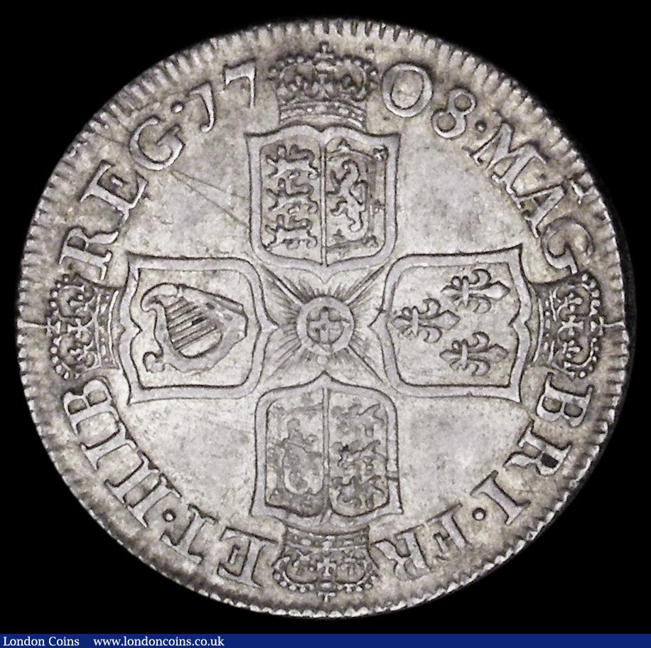 London Coins : A192 : Lot 1503 : Shilling 1708 Third Bust Plain in angles ESC 1147, Bull 1399 GVF or  better, the reverse with two ha...