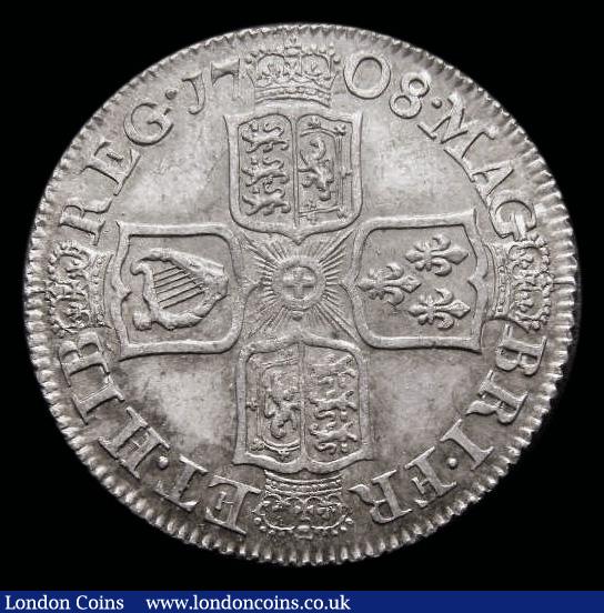 London Coins : A192 : Lot 1504 : Shilling 1708 Third Bust, Plain in angles, ESC 1147, Bull 1399, UNC with a pleasing tone a choice ex...