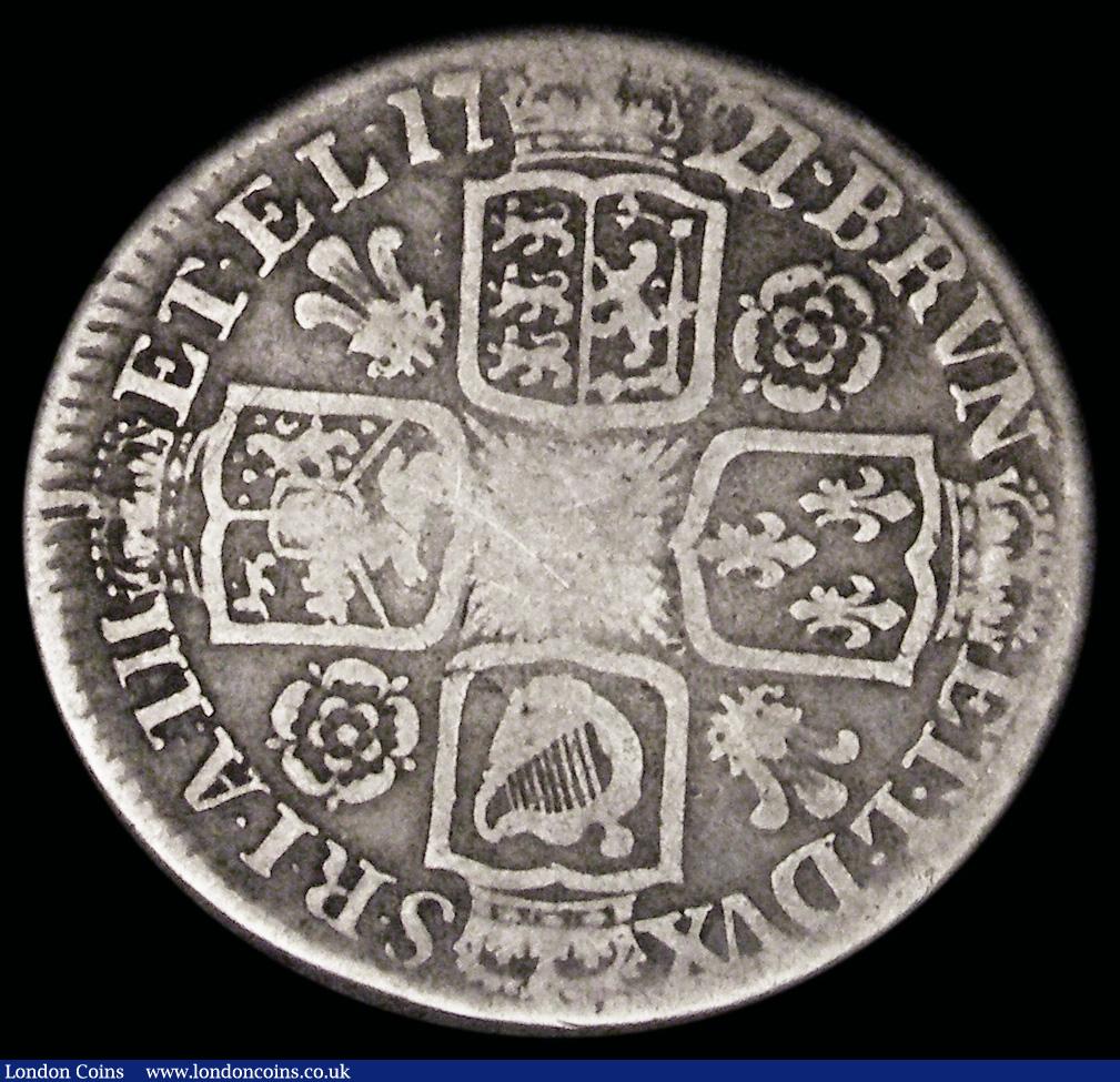London Coins : A192 : Lot 1507 : Shilling 1721 Roses and Plumes, 21 over 19, ESC 1173, Bull 1579, approaching Fine, the reverse with ...