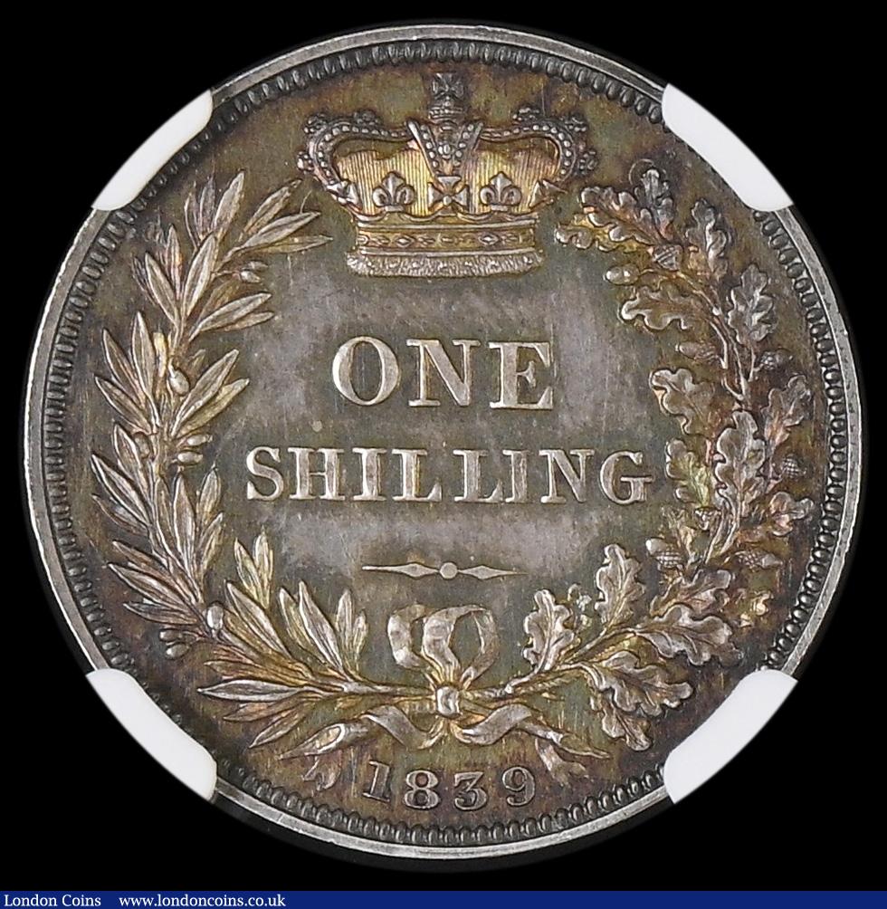 London Coins : A192 : Lot 1530 : Shilling 1839 Plain edge impaired Proof ESC 1284, Bull 2980 richly toned and choice and grade PF64CA...