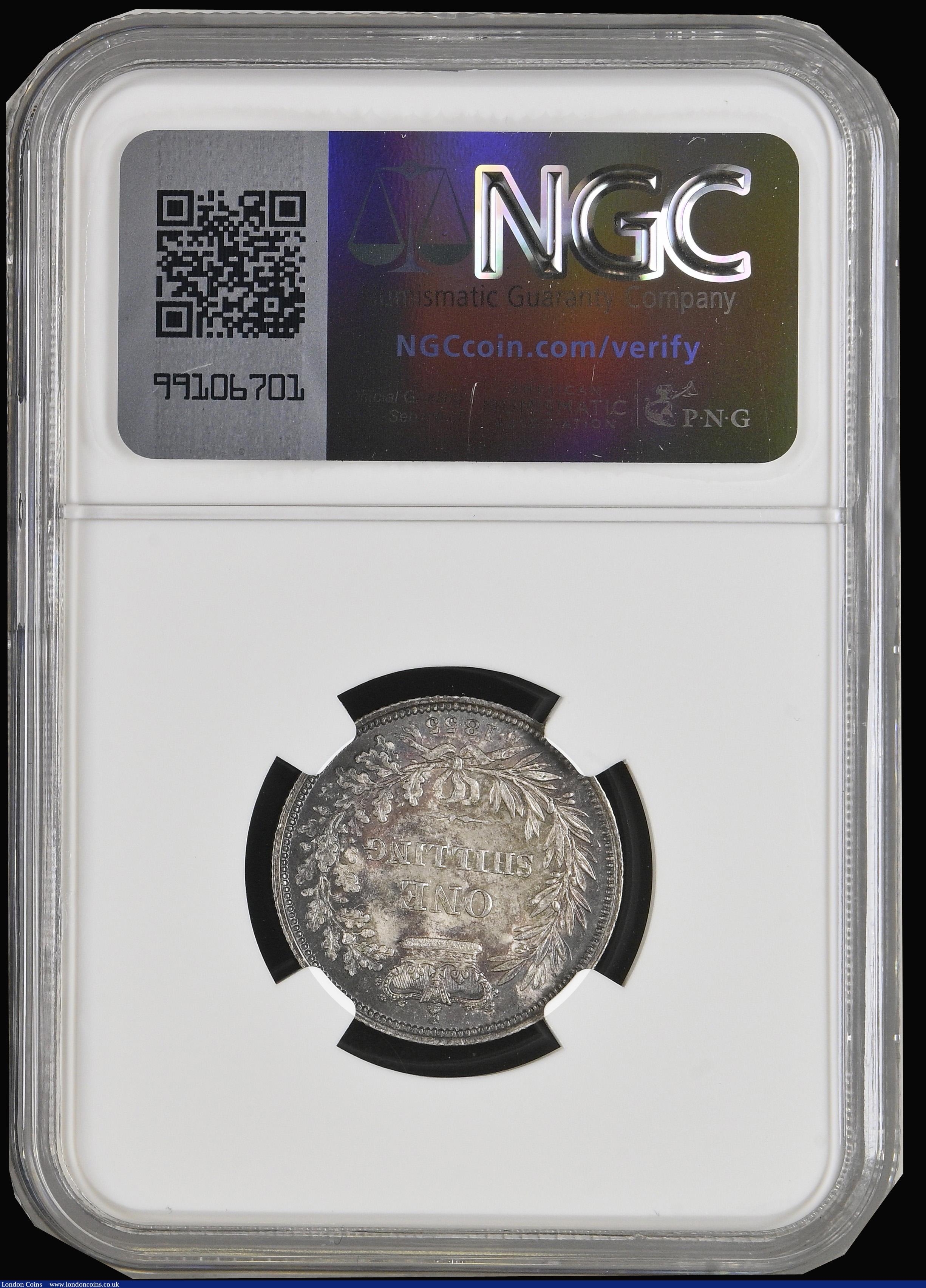 London Coins : A192 : Lot 1532 : Shilling 1855 ESC 1303, Bull 3006 UNC with a deep and rich tone and graded MS63 by NGC