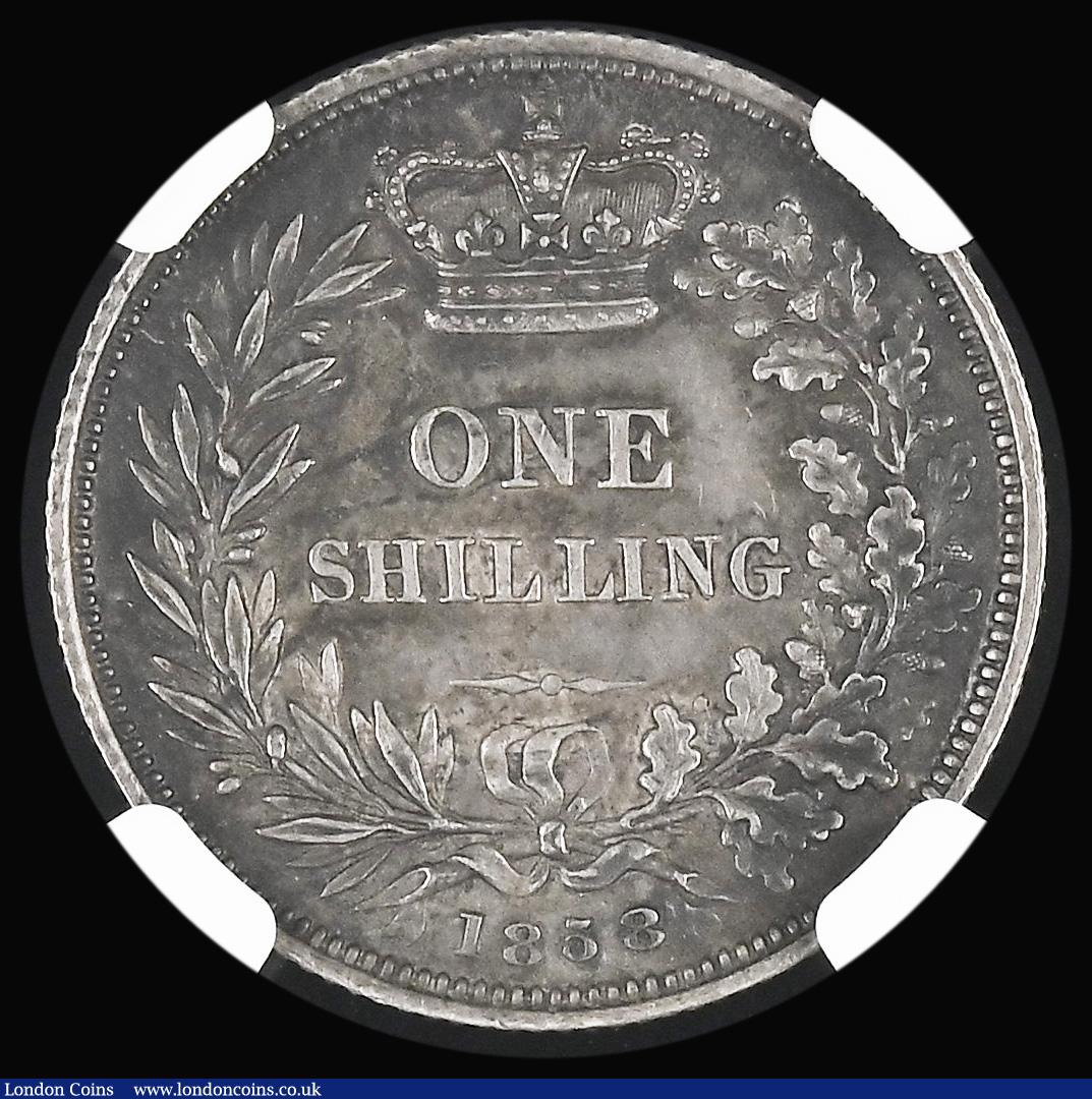 London Coins : A192 : Lot 1536 : Shilling 1858 ESC 1306, Bull 3011 nicely toned Unc or near so and in a NGC holder graded AU58 