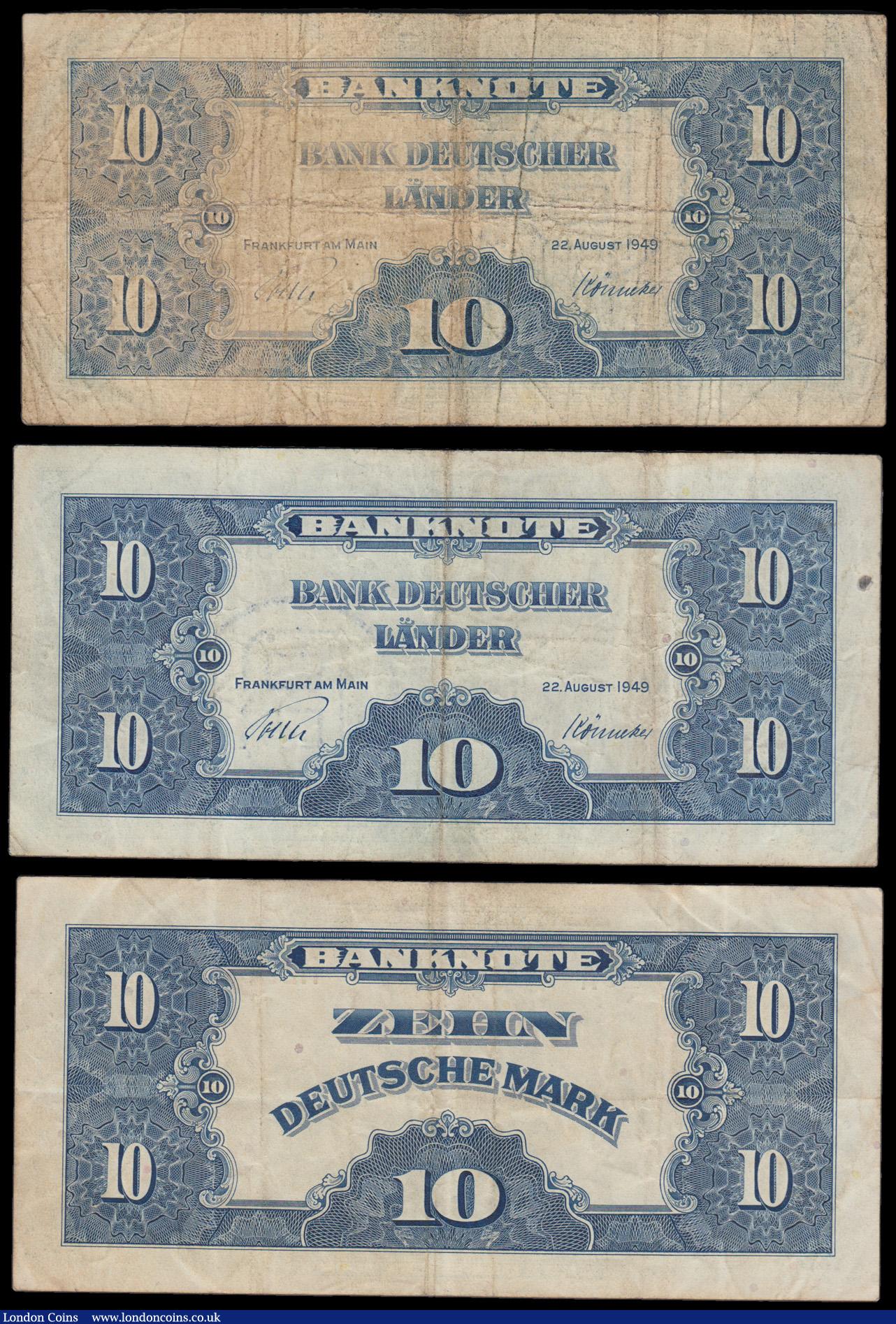 London Coins : A192 : Lot 154 : Germany - Federal Republic (3) 10 Marks blue on multicolour SERIE 1948 red serial number  Pick 5a VF...
