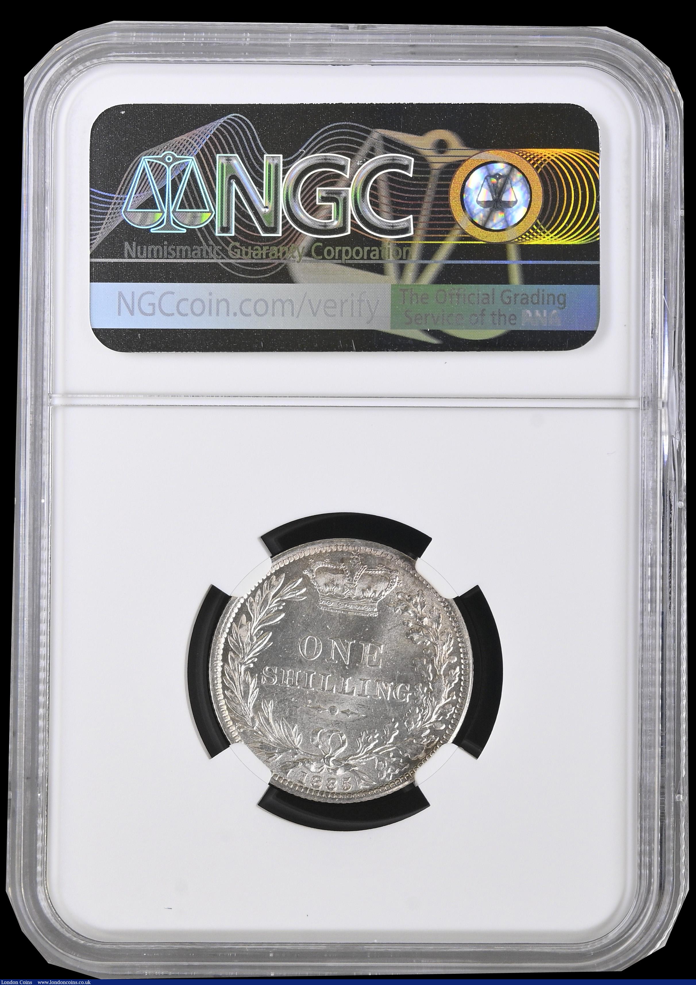 London Coins : A192 : Lot 1545 : Shilling 1885 ESC 1345, Bull 3076 Lustrous UNC in a NGC holder and graded MS64