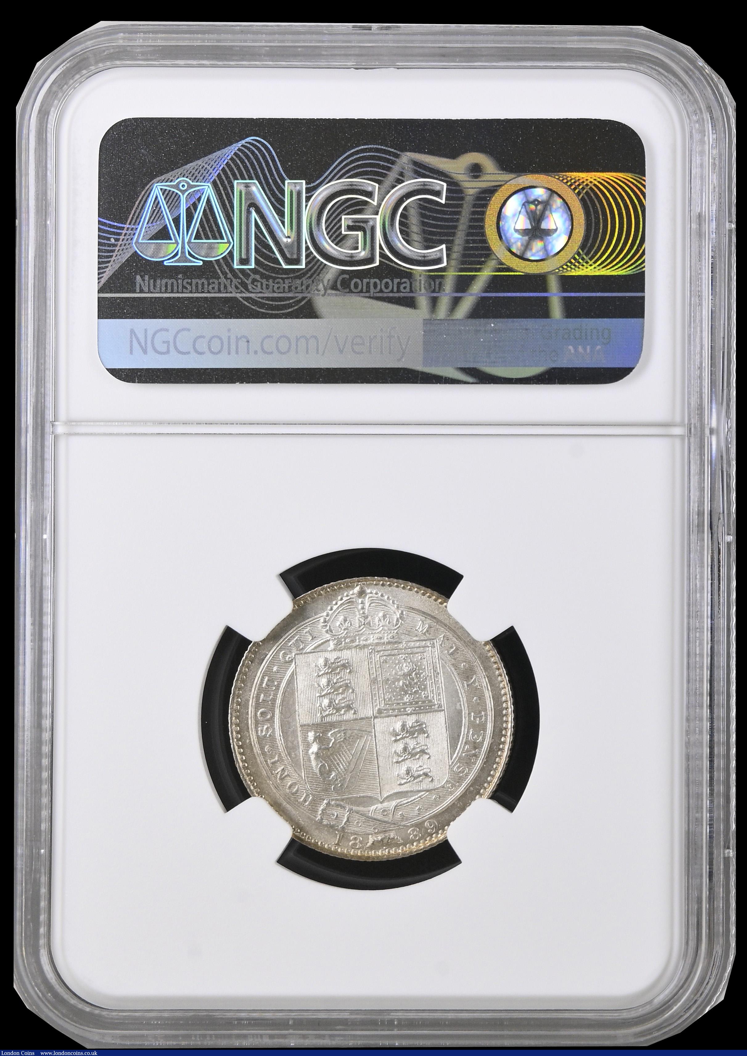 London Coins : A192 : Lot 1547 : Shilling 1889 Small Jubilee Head ESC 1354, Bull 3141, NGC MS61 rare in all the grades this example p...
