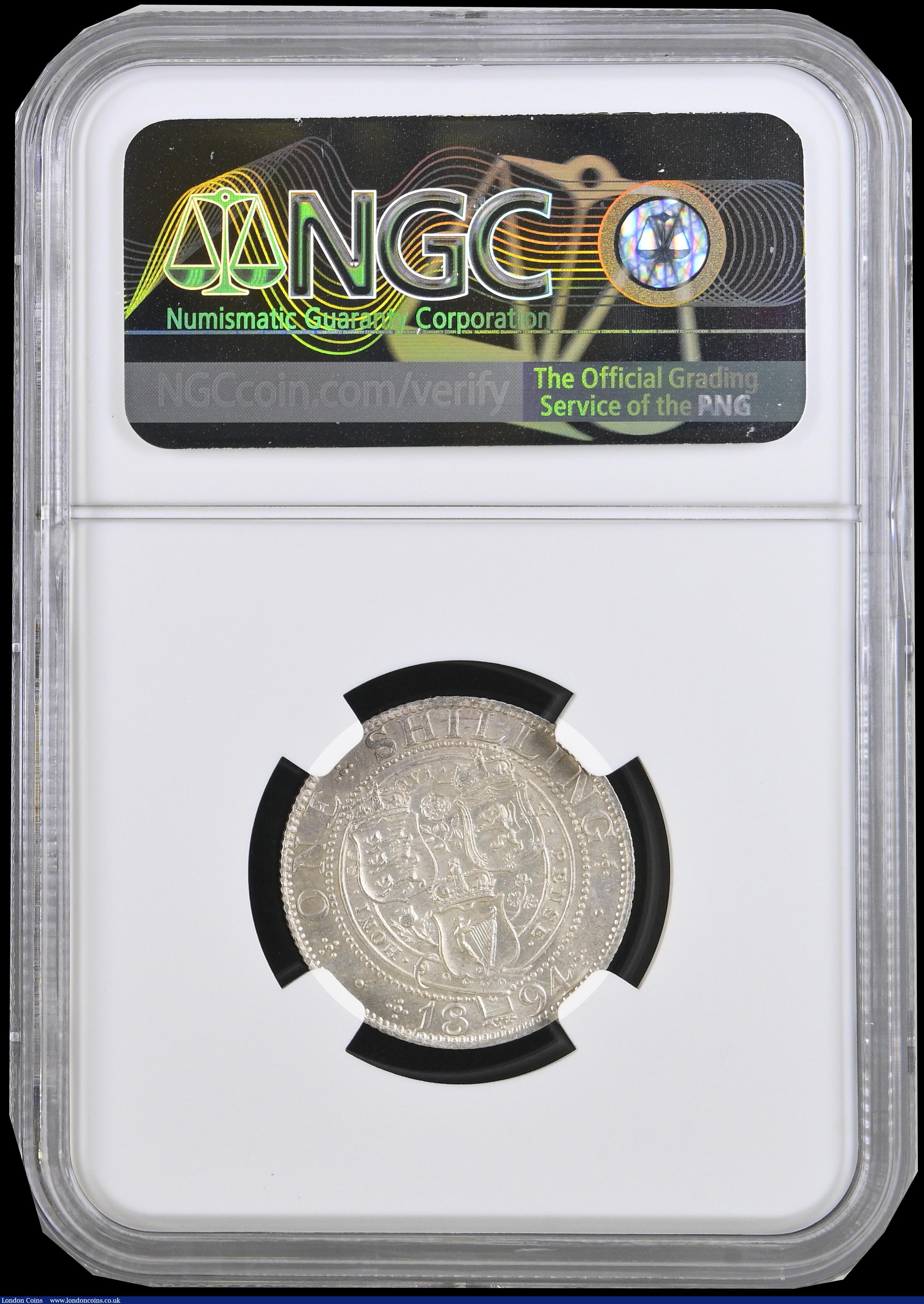 London Coins : A192 : Lot 1552 : Shilling 1894 ESC 1363, Bull 3156, Unc and brilliant and in a NGC Holder graded MS64