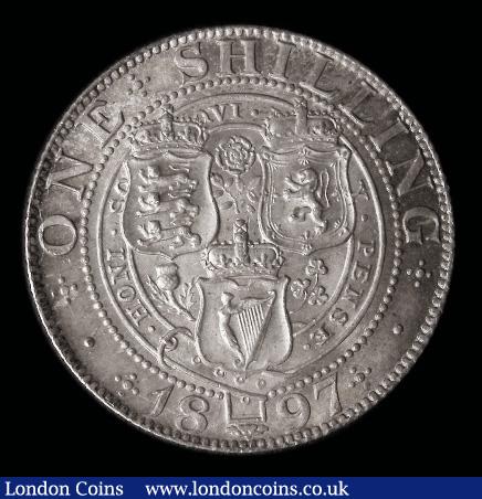 London Coins : A192 : Lot 1554 : Shilling 1897 ESC 1366, Bull 3162, UNC with an even tone in an CGS holder and graded 82