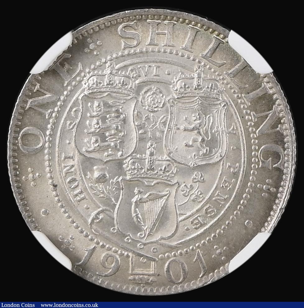 London Coins : A192 : Lot 1561 : Shilling 1901 ESC 1370, Bull 3166 UNC with a subtle and pleasing tone, in a NGC holder and graded MS...