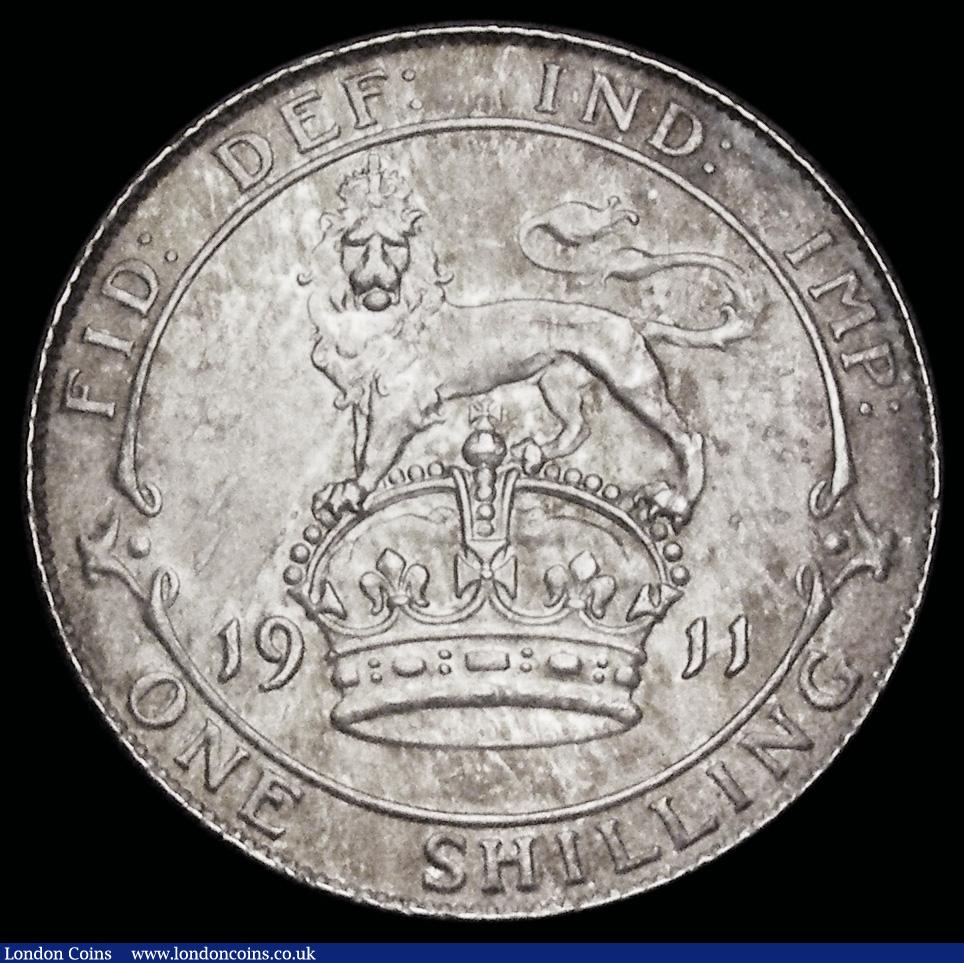 London Coins : A192 : Lot 1575 : Shilling 1911 ESC 1420, Bull 3799 Lustrous UNC with attractive golden tone