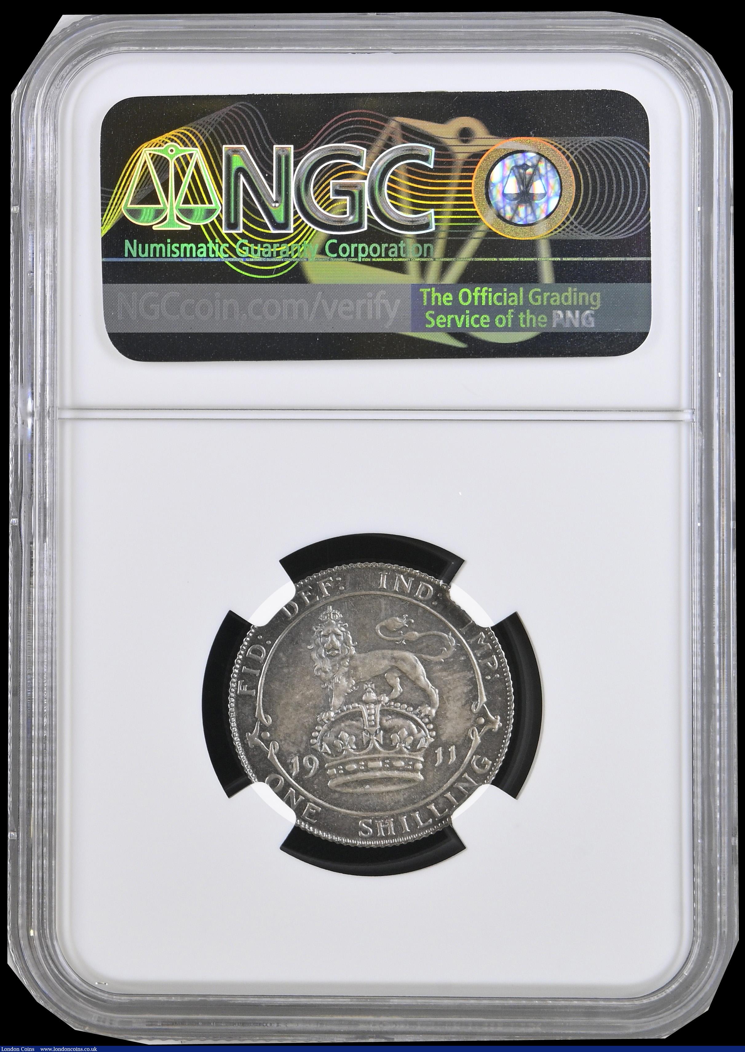 London Coins : A192 : Lot 1576 : Shilling 1911 Proof ESC 1421, Bull 3800, in an NGC holder and graded PF66
