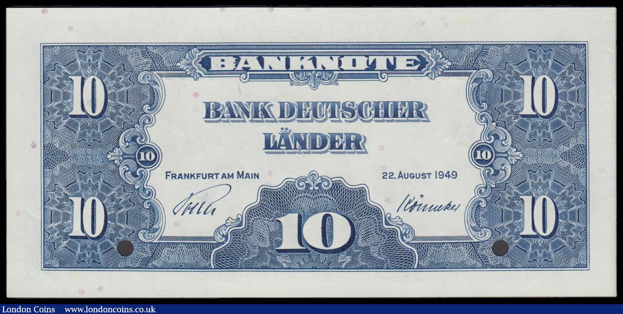 London Coins : A192 : Lot 158 : Germany - Federal Republic Bank Deutscher Lander 10 Marks 1949 SPECIMEN S/N 000000000, 2 punch holes...