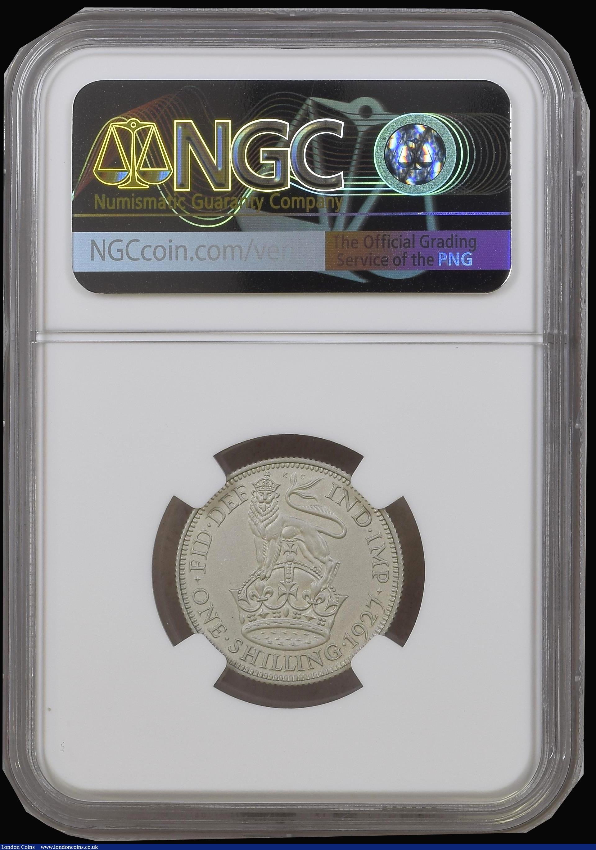London Coins : A192 : Lot 1599 : Shilling 1927 Second Reverse, Modified Effigy Matt Proof Bull 1831 ESC 1440A Bull rates this R7 and ...