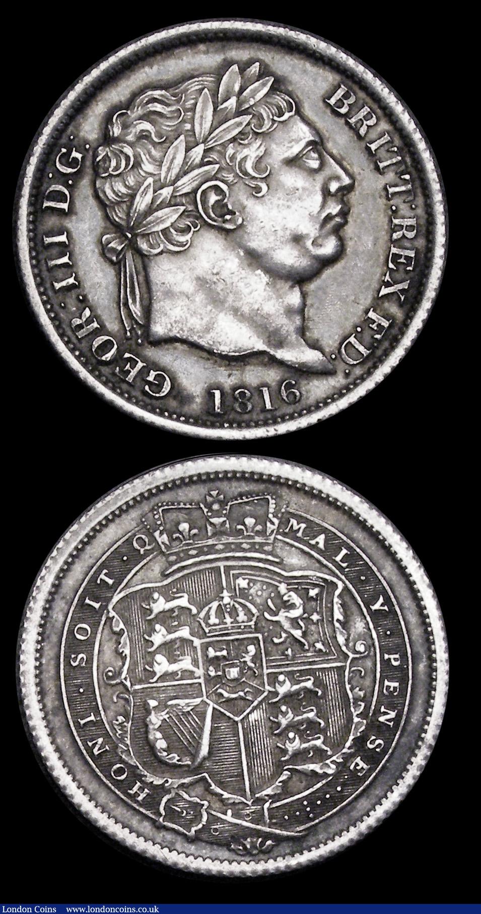 London Coins : A192 : Lot 1603 : Shillings (2) 1787 with hearts Bright EF and 1816 ESC 1228, Bull 2140 EF or better