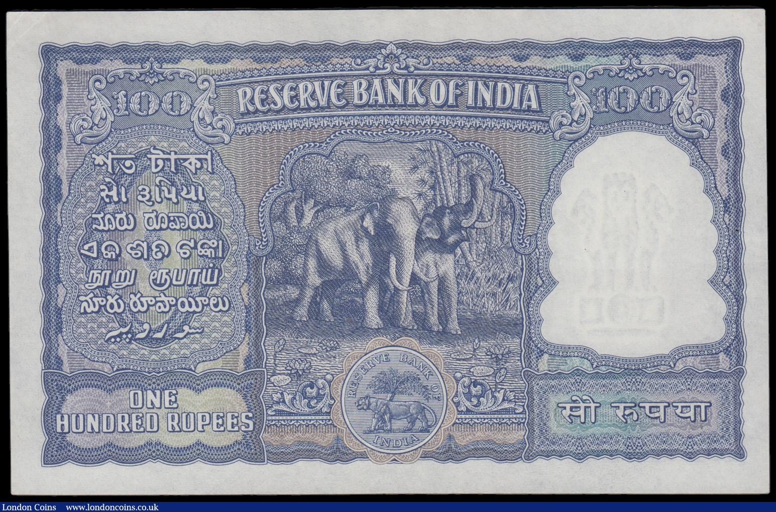 London Coins : A192 : Lot 168 : India 100 Rupees elephants reverse Rama Rau signature 72 black serial number A/10 423159 Pick 43a Go...
