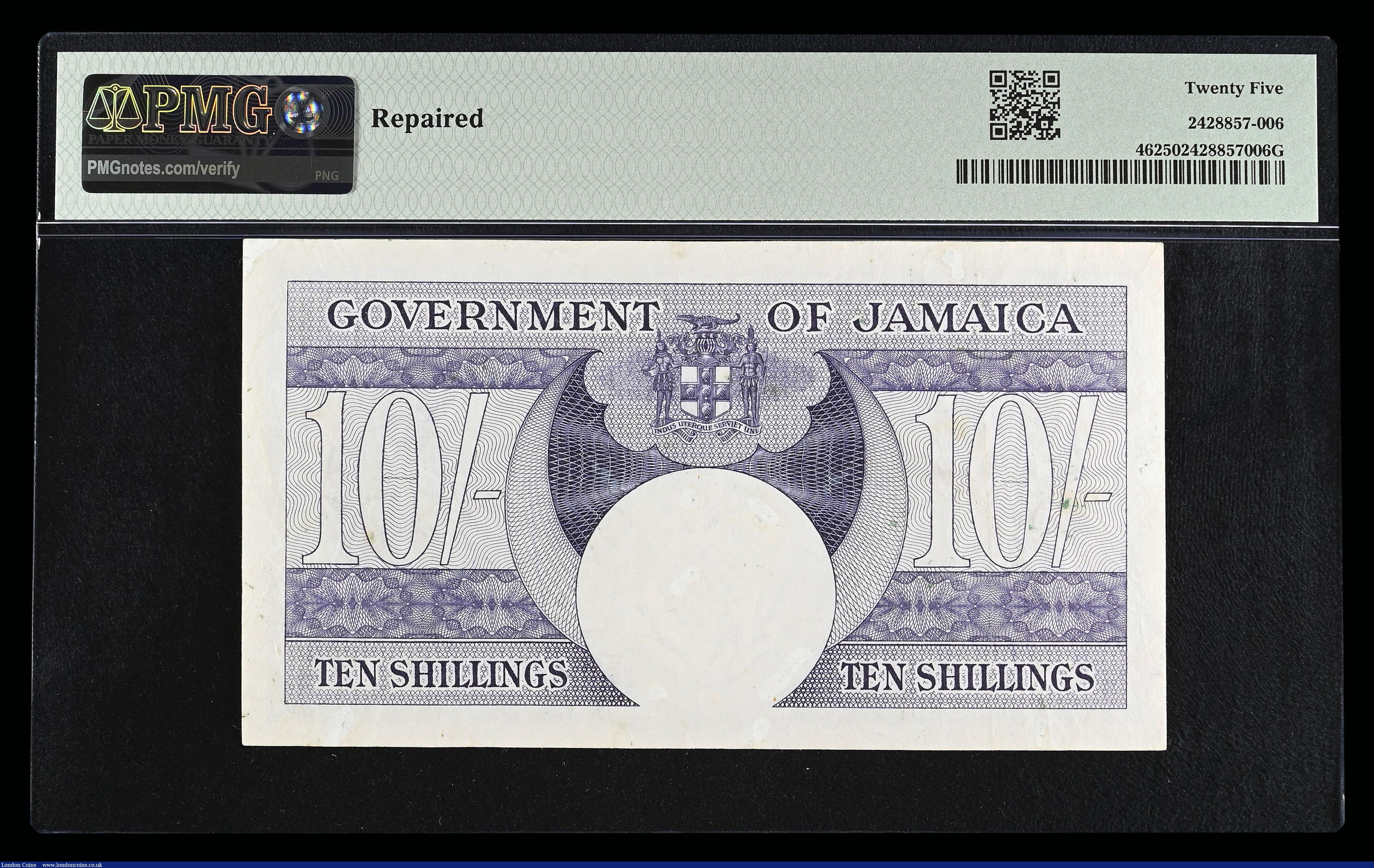London Coins : A192 : Lot 176 : Jamaica 10 Shillings 4th July 1960 still with George VI facing portrait watermark Pineapple Pick 46 ...