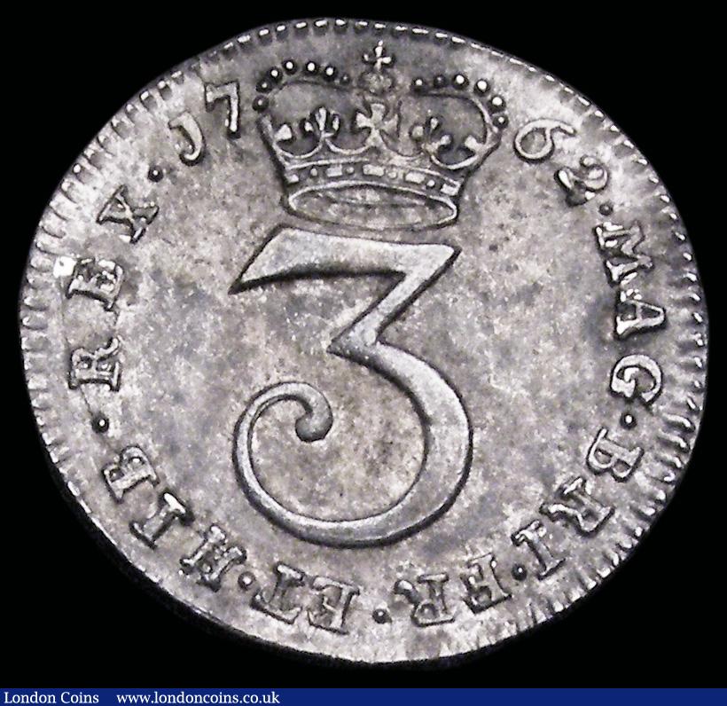 London Coins : A192 : Lot 1807 : Threepence 1762 with the first A in gratia unbarred so appears as an inverted V EF