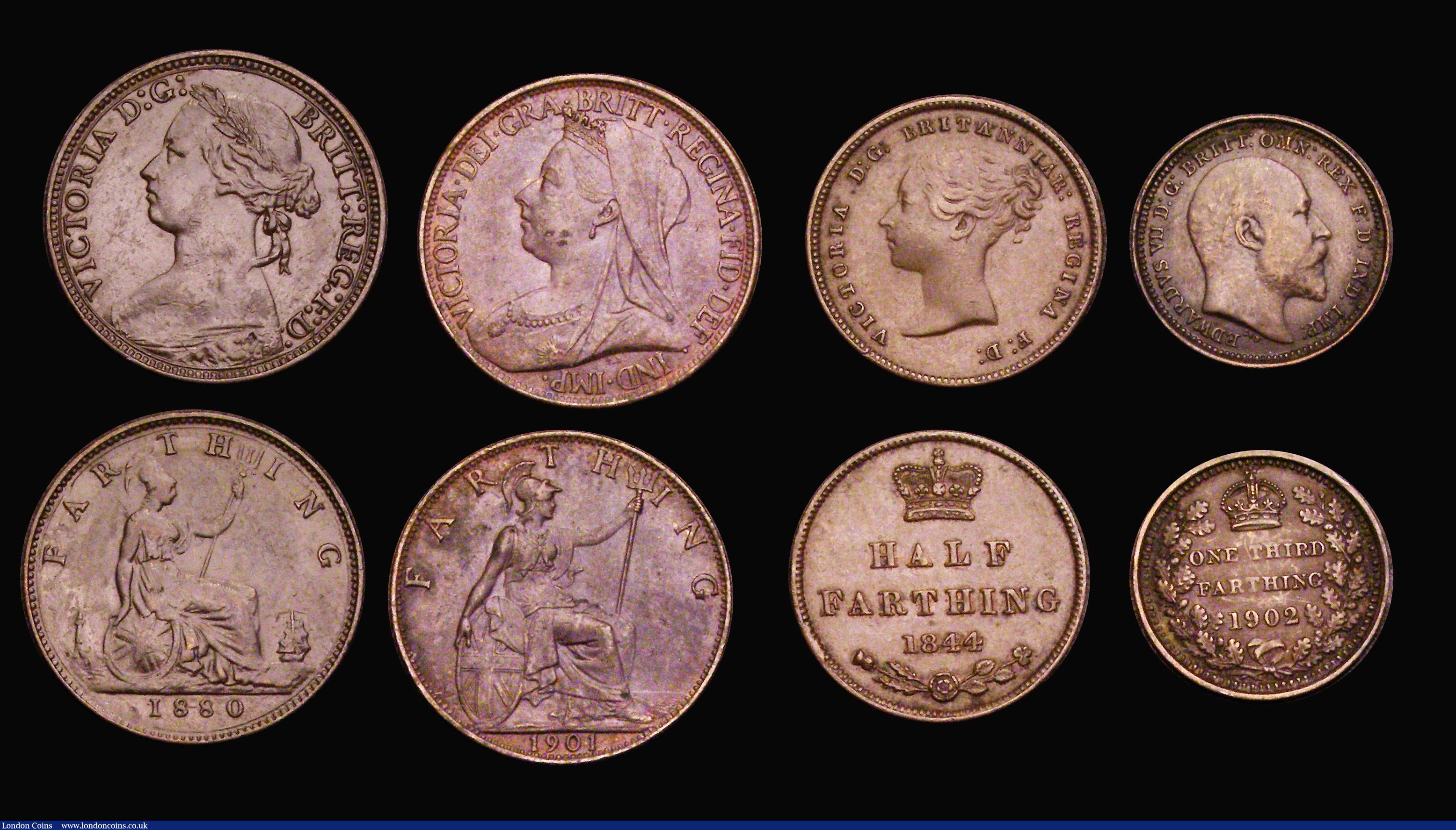 London Coins : A192 : Lot 1849 : Copper and Bronze (9) Third Farthing 1902 VF with a scratch Obv, Half Farthing 1844 VF, Farthing 182...