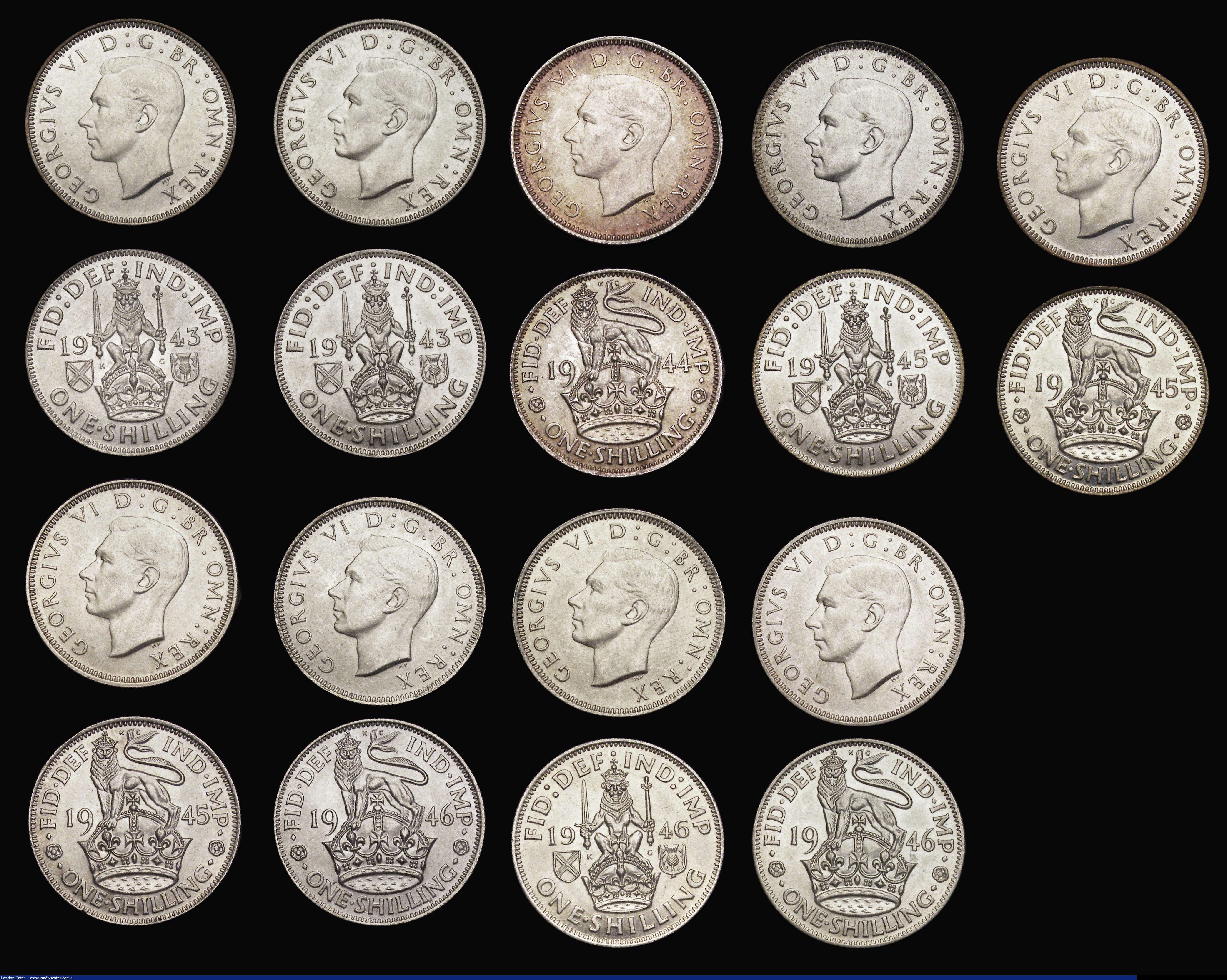 London Coins : A192 : Lot 1887 : George VI Shillings (50% silver issues) in high grades (17) 1937E, 1937S (2), 1937S Proof, 1938S, 19...
