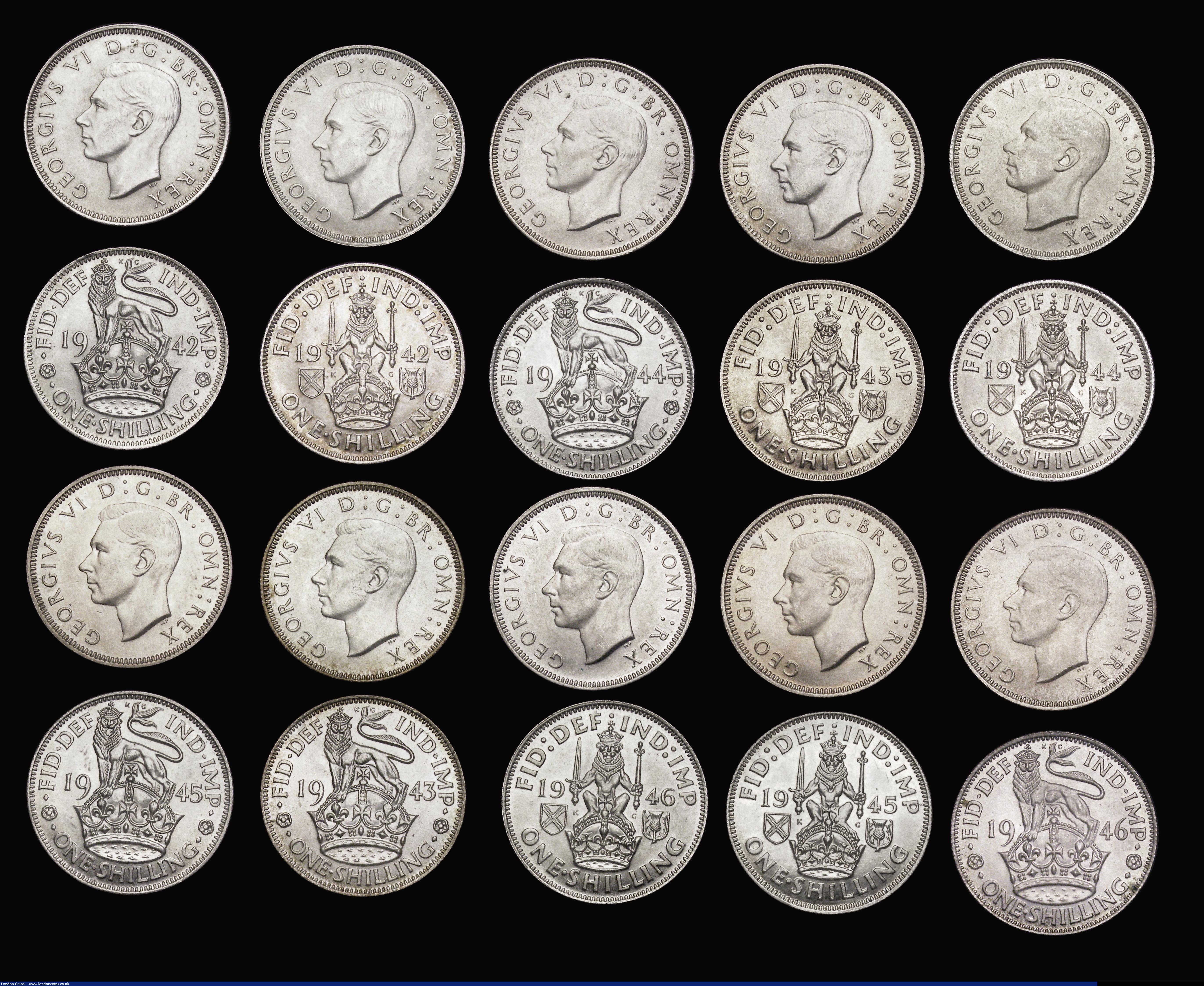 London Coins : A192 : Lot 1888 : George VI Shillings (50% silver issues) in high grades a complete date run of both English and Scott...