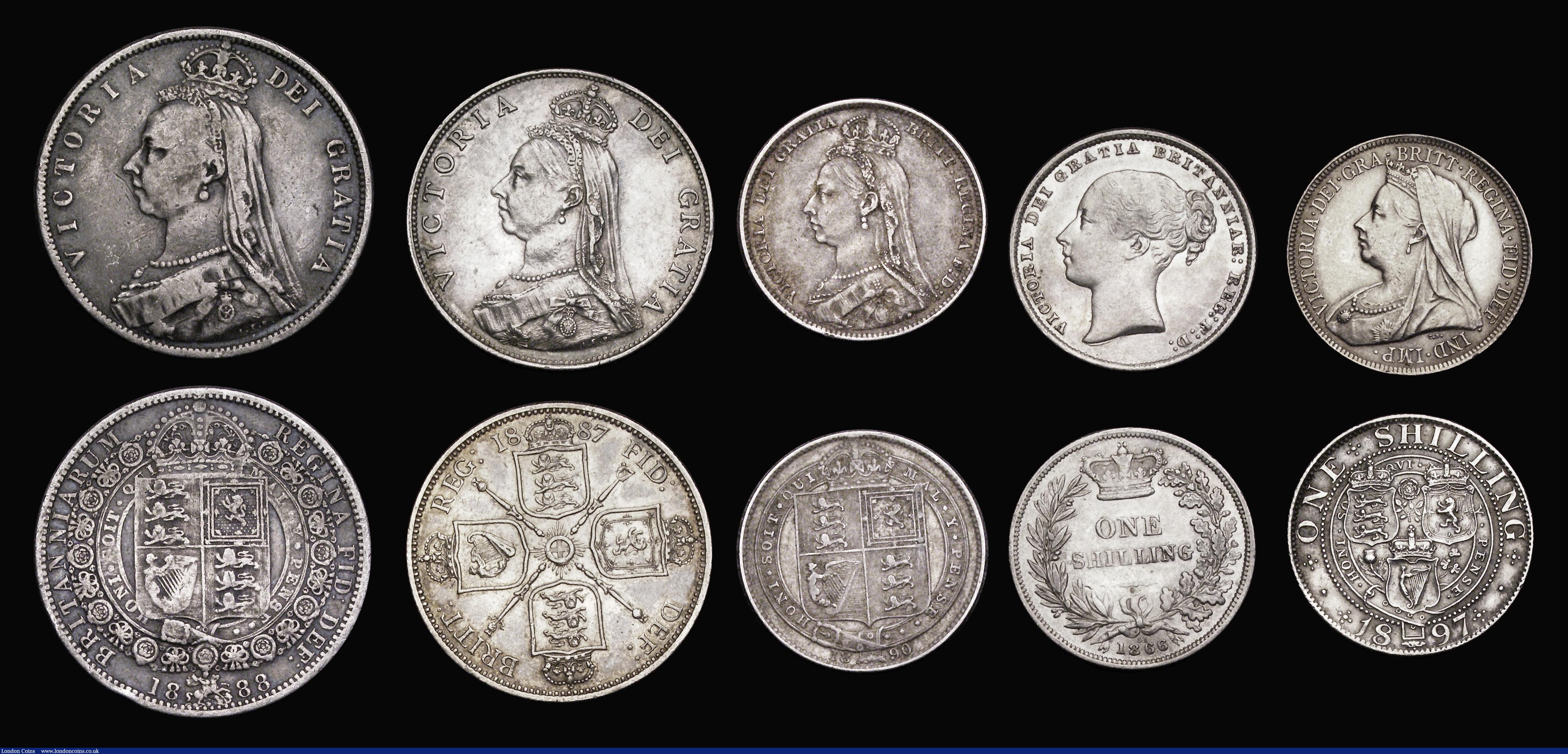 London Coins : A192 : Lot 1950 : Victorian Silver (8) Crown 1891 Fine, Halfcrown 1887 JH GVF, 1888 Fine, 1899 Fine, Florin 1887 GVF, ...