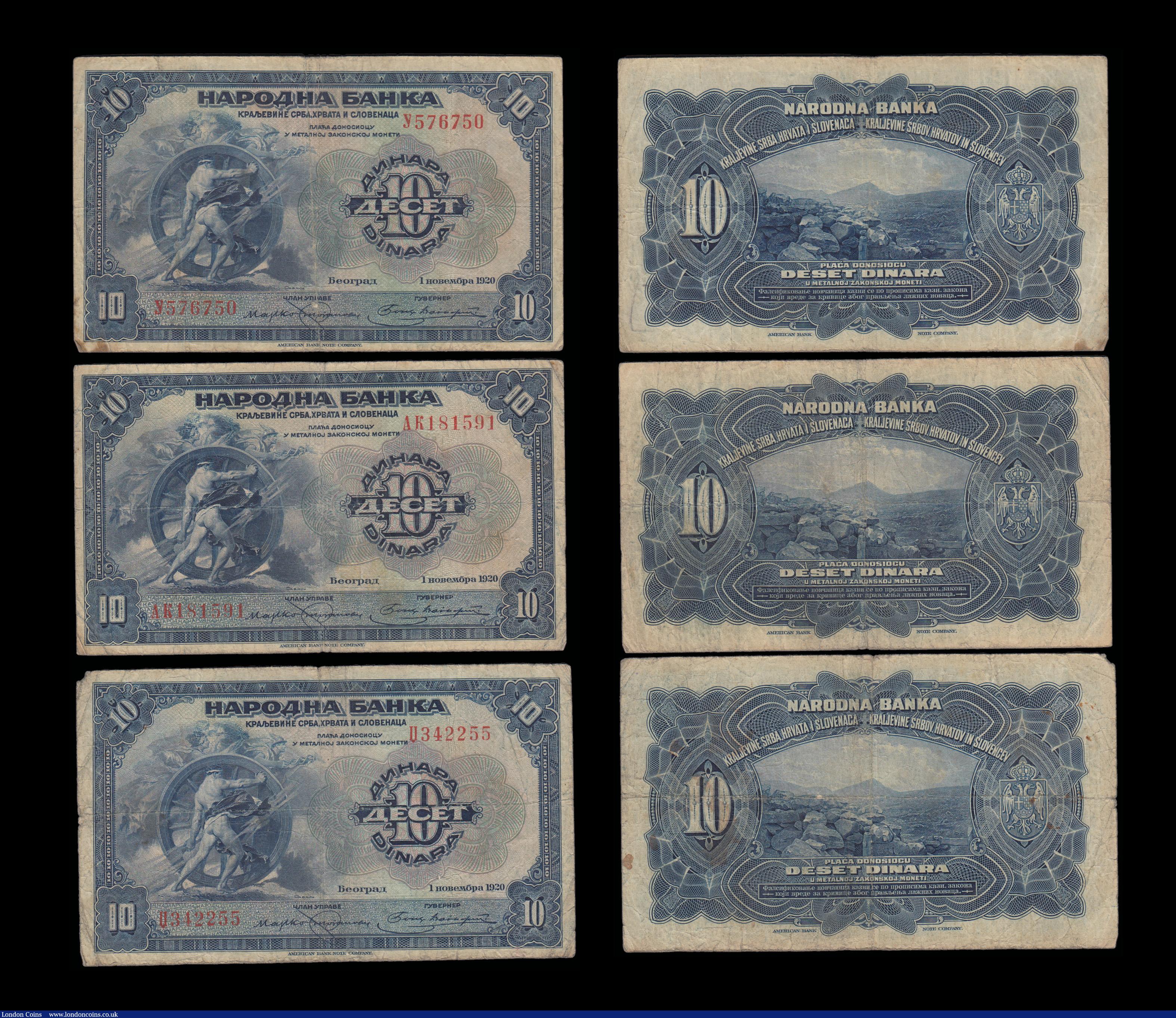 London Coins : A192 : Lot 241 : Yugoslavia, National Bank Kingdom of Serbs, Croats and Slovenes 10 Dinara 1.1.1920 blue Pick 21a (6)...
